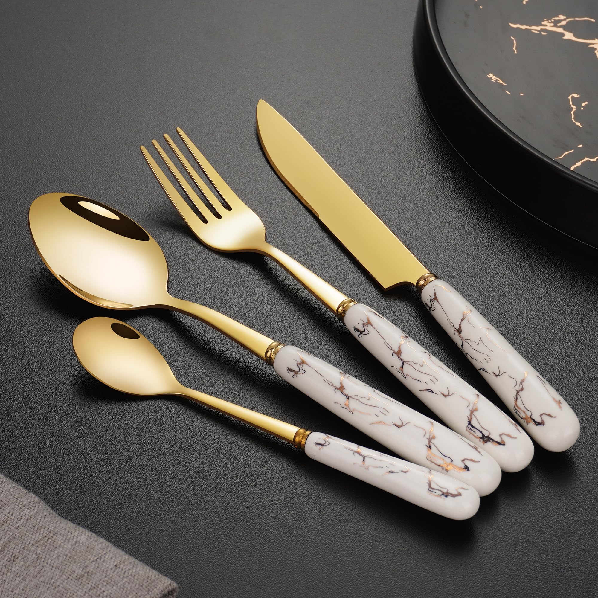 SensiSel 16 Piece Ceramic White Handles and Golden Plated Stainless Steel Set,White Marble Handle with Golden Mouth Flatware Cutlery Set Service for 4 (Gift Boxed)