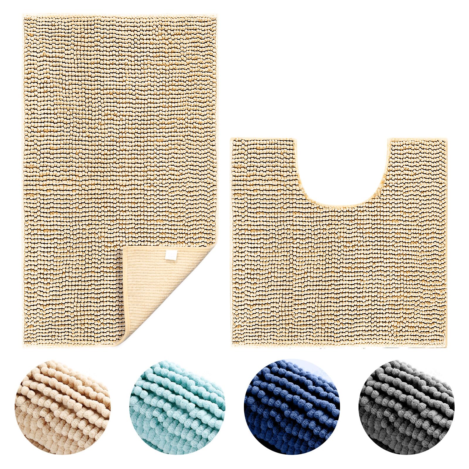 Hodeacc 2 Pcs Non Slip Bath Bathroom Mat Set,High Water Absorbent Density Soft Microfiber Toilet Mat Toilet Pedestal Mat Machine Washable Bathroom Mats Carpet 50x50cm/50x80cm (Camel)