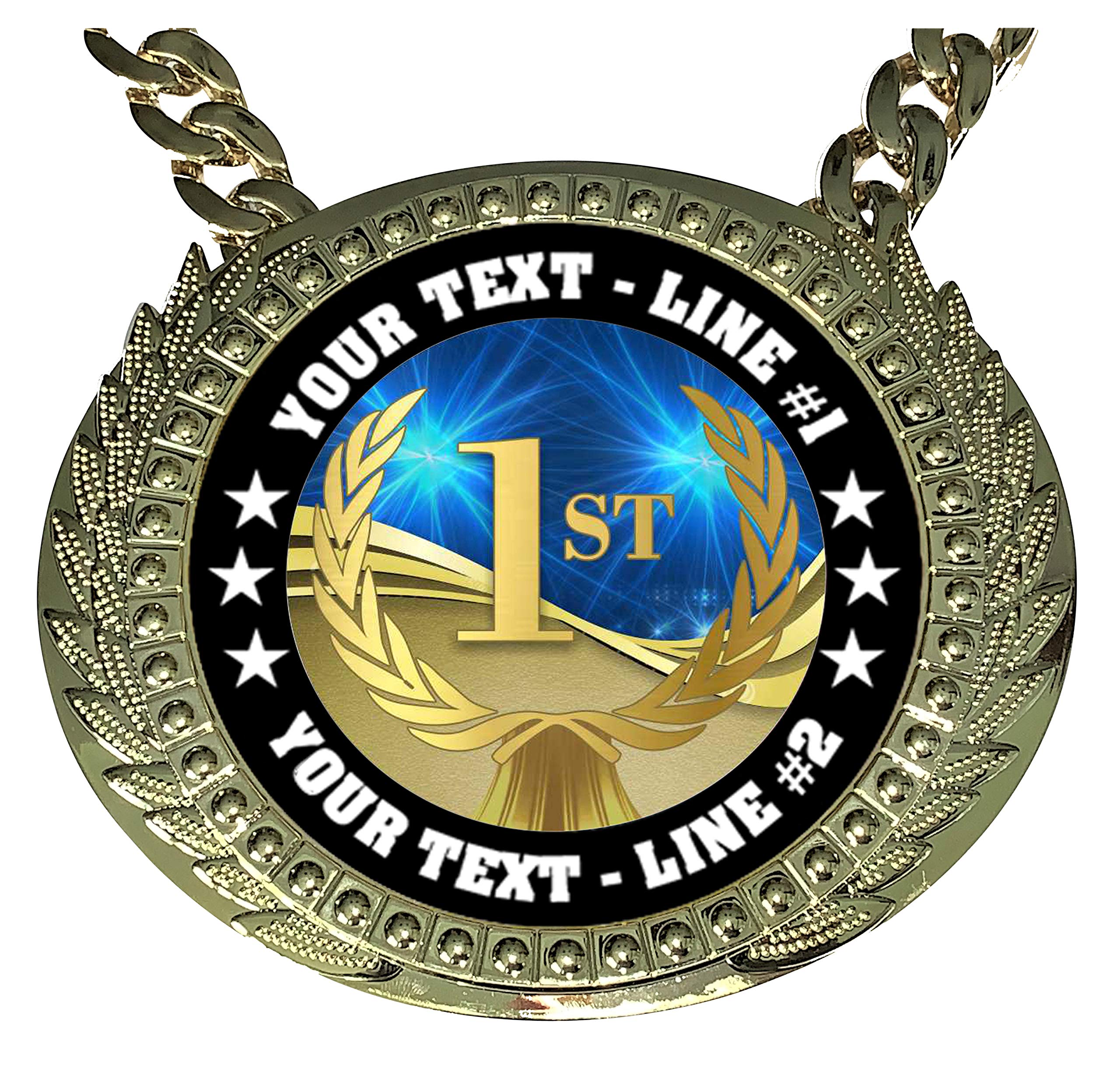 Express Medals Custom First Place Champ Chain Trophy with 2 Lines of Personalized Text on a Large Rigid Plastic Award Medal and 34 Inch Long Gold Color Neck Chain. D01
