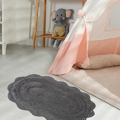 Miniatura 5 de Chardin home Griffin - Alfombra de baño ovalada de ganchillo gris, 100 % algodón con borde de ganchillo hecho a mano, 21 x 34 pulgadas, alfombra
