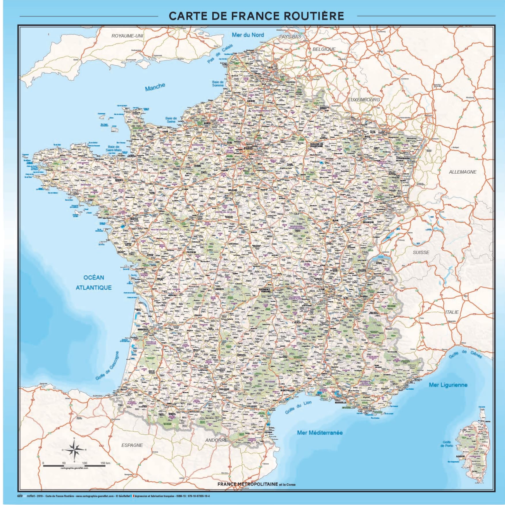 Carte de France Routière - Poster Plastifié 100x100cm