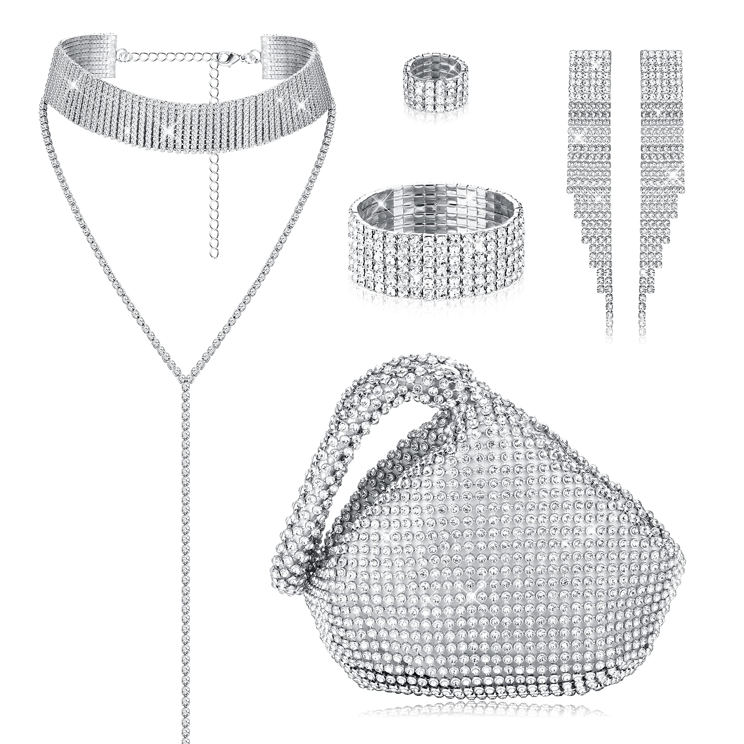 Kakonia Kaconia 6 Piezas Juego de Joyas para Mujer Gargantilla Diamantes Imitación Anillo Pulsera Elástica Pendientes Flecos Conjunto Monedero con Purpurina para Fiesta Bodas Nupcial
