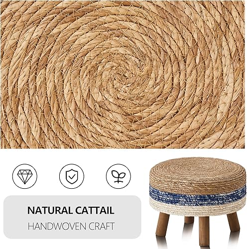 Miniatura 8 de Wimarsbon Puf otomano, reposapiés redondo con 4 patas de madera, reposapiés de paja natural hecho a mano, silla de tocador, taburete moderno