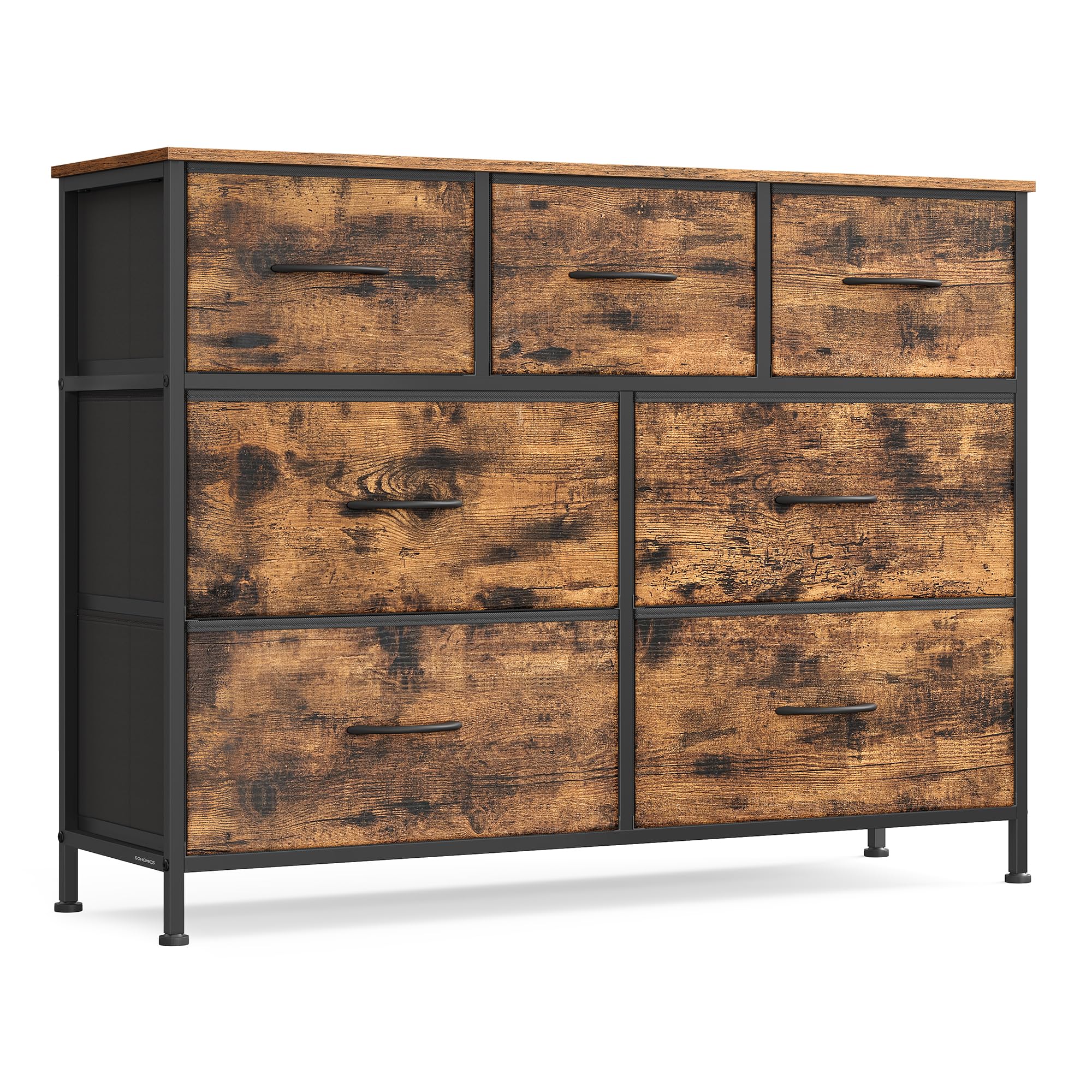 SONGMICS Dresser for Bedroom, Chest of Drawers, TV Stand, Steel, MDF, 7 Non-Woven Fabric Drawers, Storage Organizer Unit, Closet, Entryway, Rustic Bro
