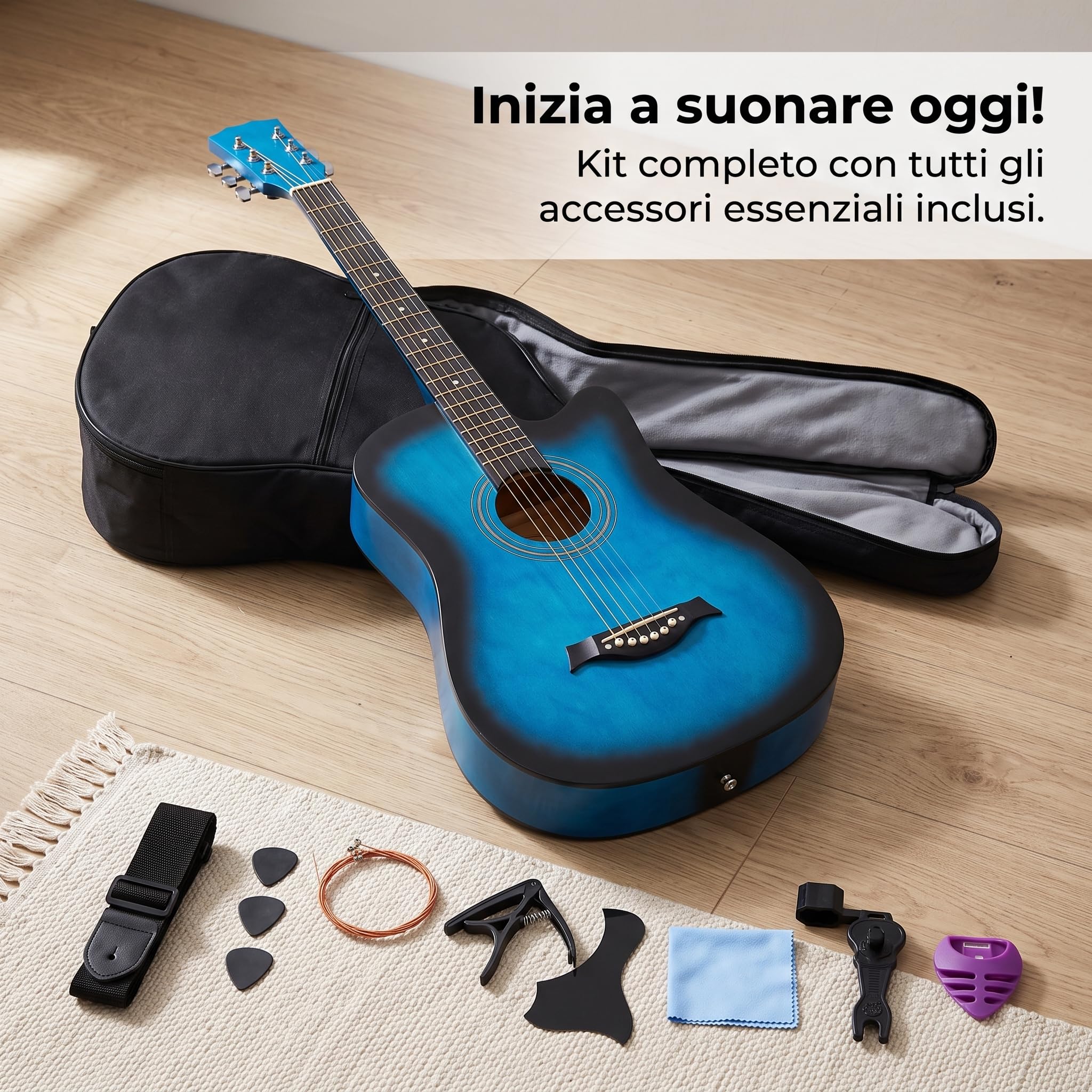 Acustica con Custodia, Kit Acustica 18 Barrel per Principianti e Musicisti, Chitarra acustica 38 pollici, colore blu scuro, con accessori