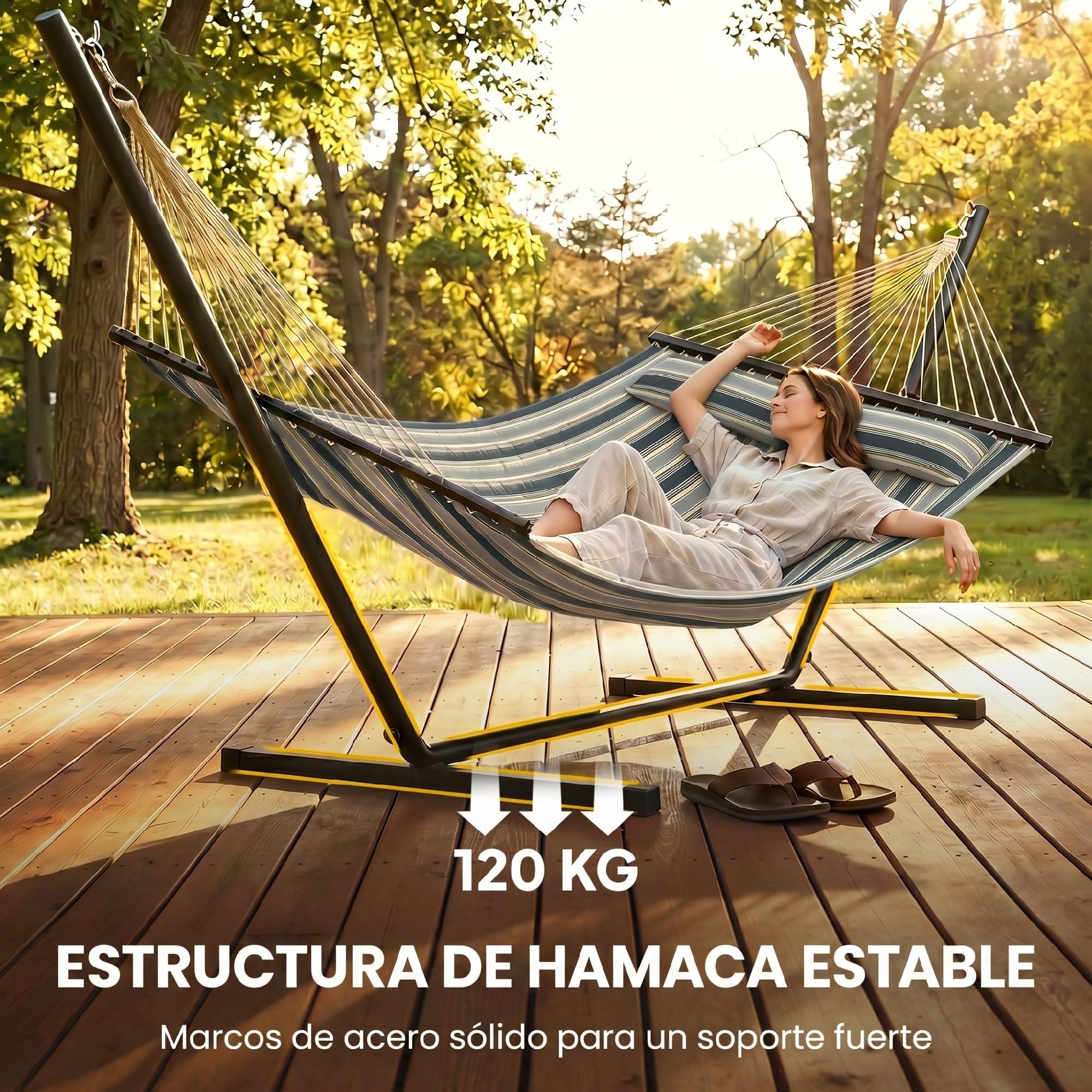 Outsunny Hamaca con Soporte, Hamaca de Jardín Portátil con Almohada Desmontable, Barras Separadoras, Marco de Acero, Carga 120 kg, para Patio, Terraza, Diseño Rayas, 353x94x115 cm, Verde