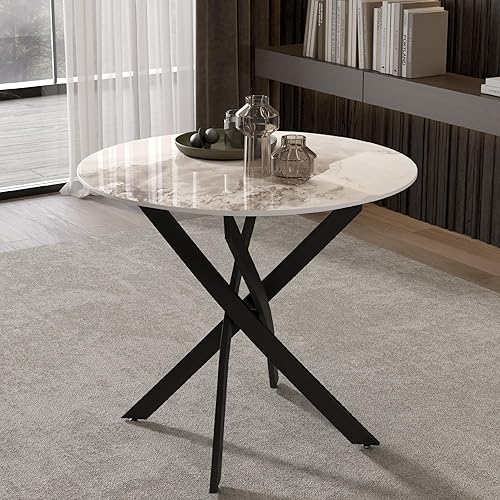Mesa de comedor redonda para 2-4, 31.5 pulgadas, mesa de cocina pequeña de vidrio templado con patas negras de metal, mesa de comedor moderna para