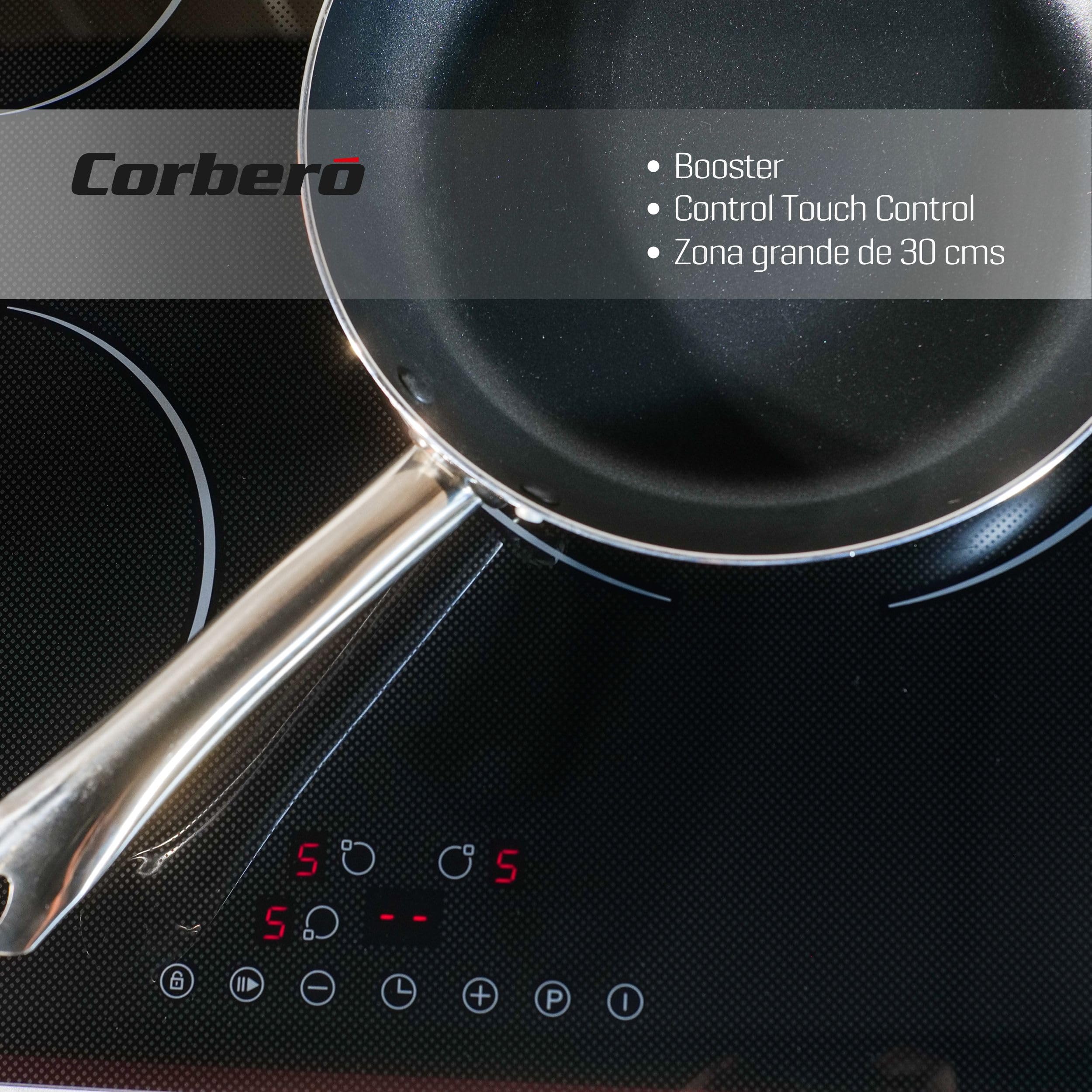 Corberó - Placa de Inducción | CCIG9322 | 3 Zonas | Potencia 6000W | Touch Control | 1 Booster | Zona Grande 30cm | Placa con Temporizador 99 Min | Desconexión y Bloqueo de Seguridad | Negro