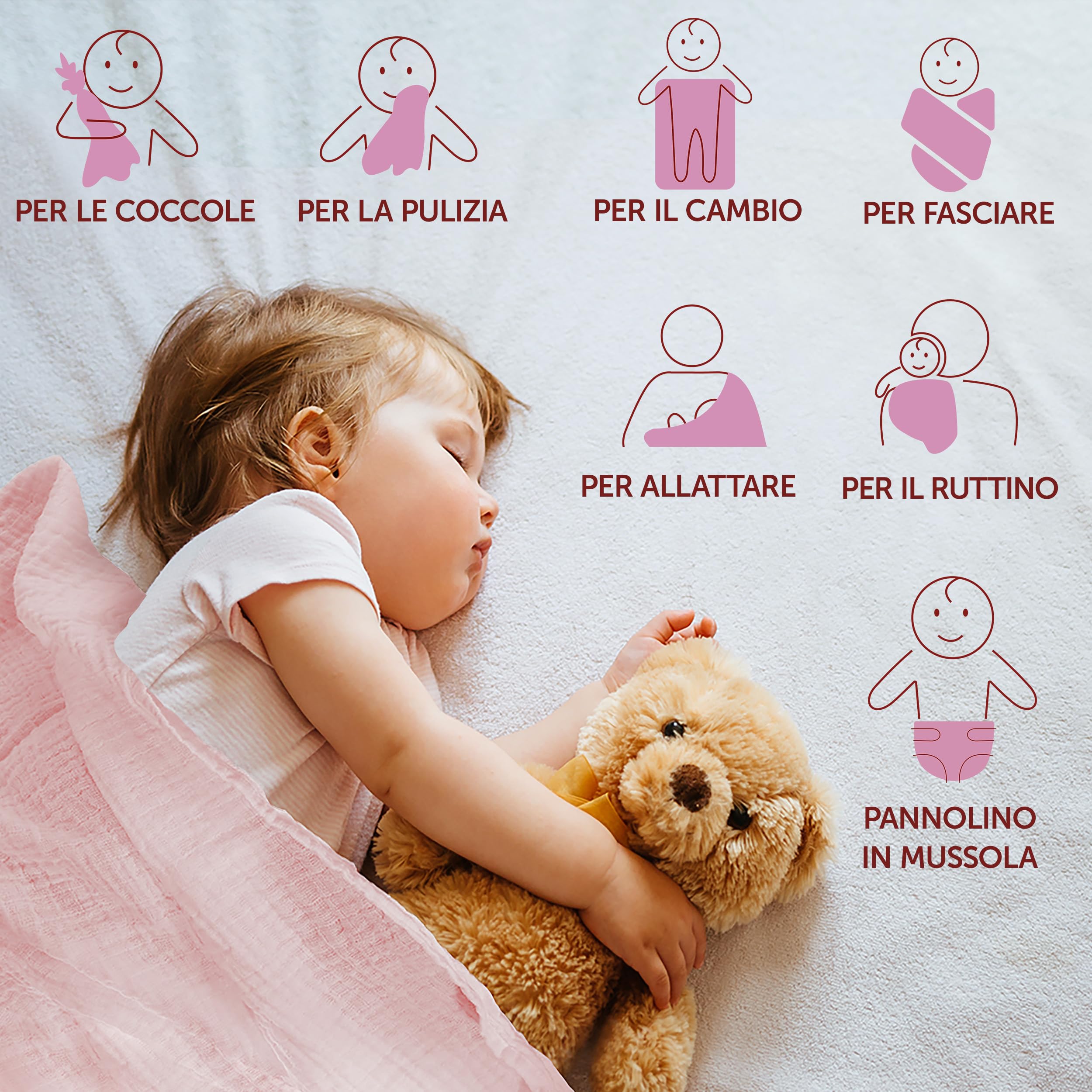 MAKIAN Set da 8 Mussole Neonato 80x80 cm - Teli in Mussola/Salviette Neonato in 100% Cotone, Test OekoTex Standard 100, Lavabili in Lavatrice