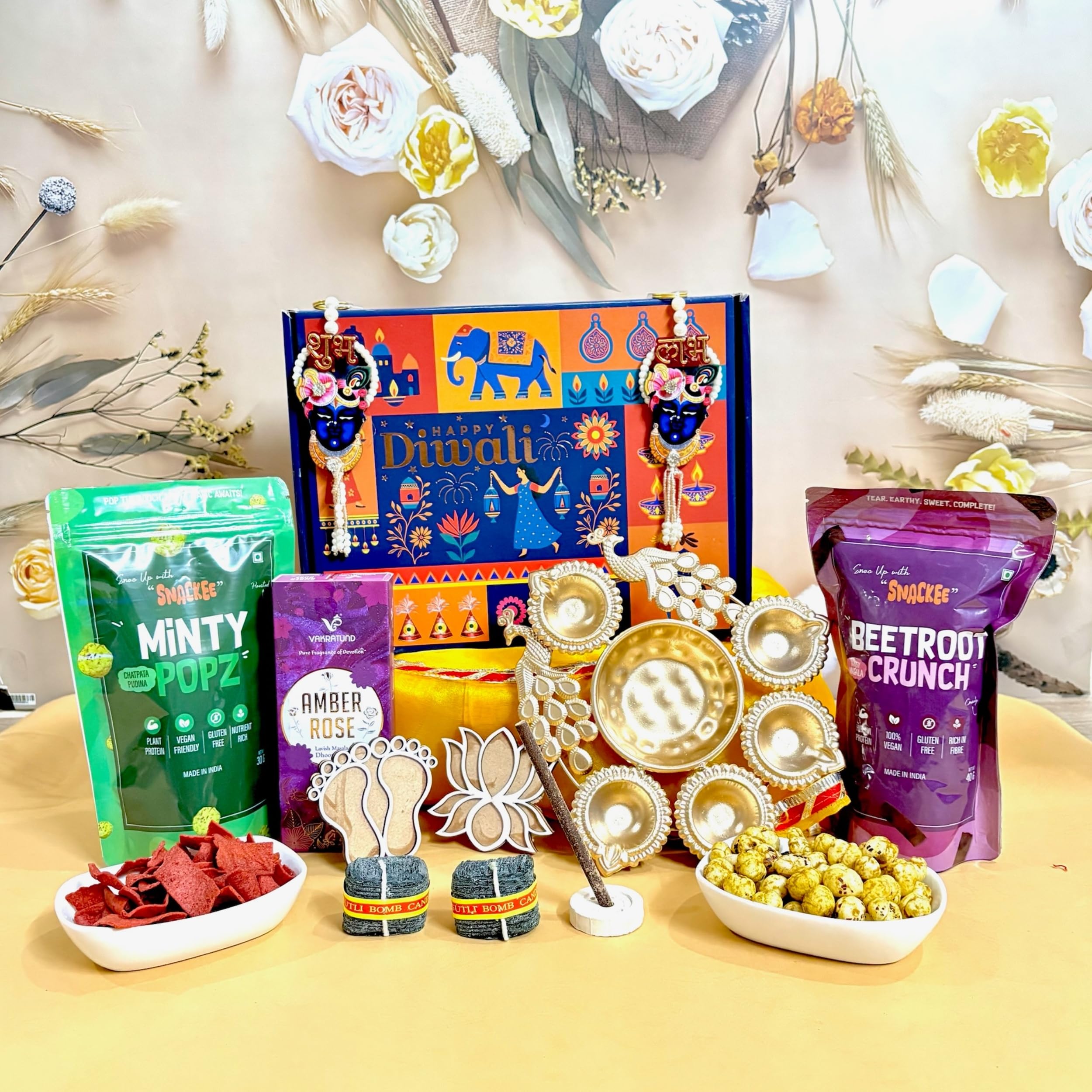 Snackee Diwali Delight Hamper I Festive Gift Box | Corporate Diwali Hamper I Chocolate, Healthy Snacks I Gourmet Gift Pack I Festive Hamper I Premium Deepawali Gift Hamper I Traditional Urli Tray I Shubh Labh-image-1