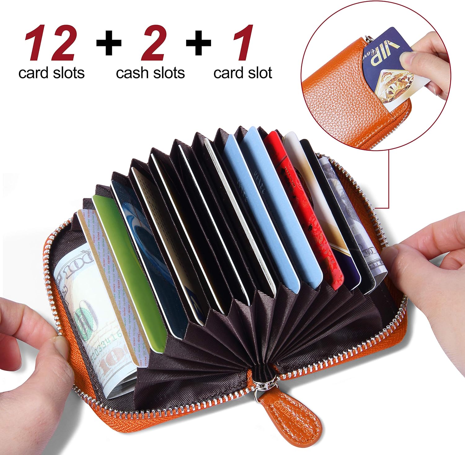 Womens Credit Card Holder Small Rfid Blocking Ladies Wallet with Stainless Steel Zipper Excellent Genuine Leather Accordion Wallets Case for Women ID Compact Slim Blocked Zip Accordian Cards Orange - Image 3