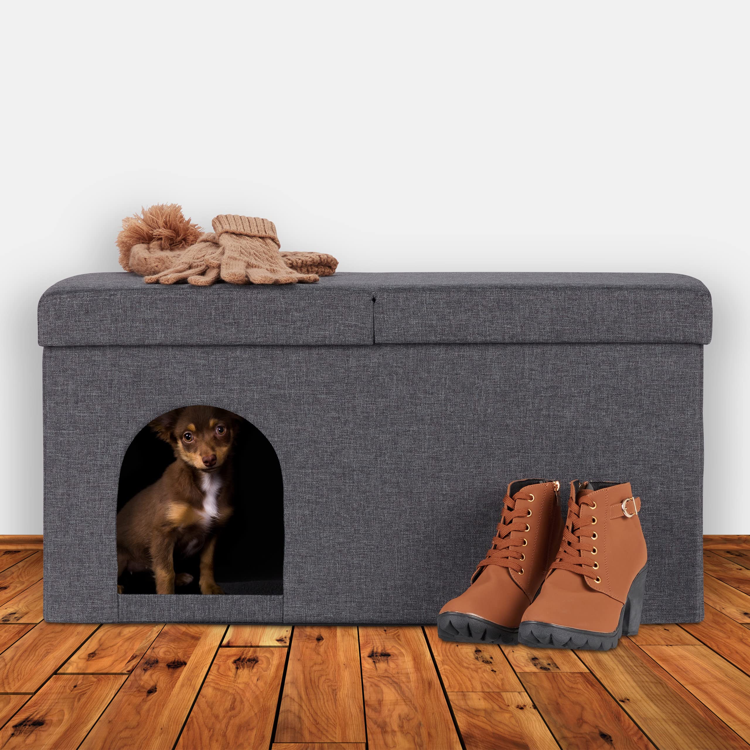 Relaxdays Casa Gato con Banco, Cueva Gatito Plegable, Accesorios Gatunos Interior, Escondite, 38,5 x 74,5 x 37 cm, Gris