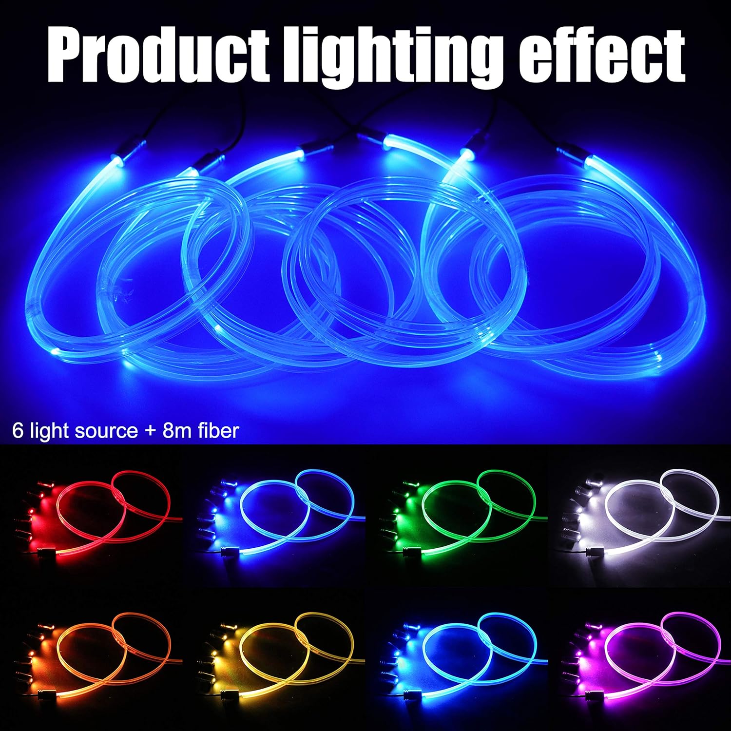 Car Interior Ambient Lighting Optic Fiber Cable RGB 64 Colors Multicoloured Music Car Footwell Lighting Kit with Cigarette Lighter and App Microphone, DC 12V-24V 1W 8m