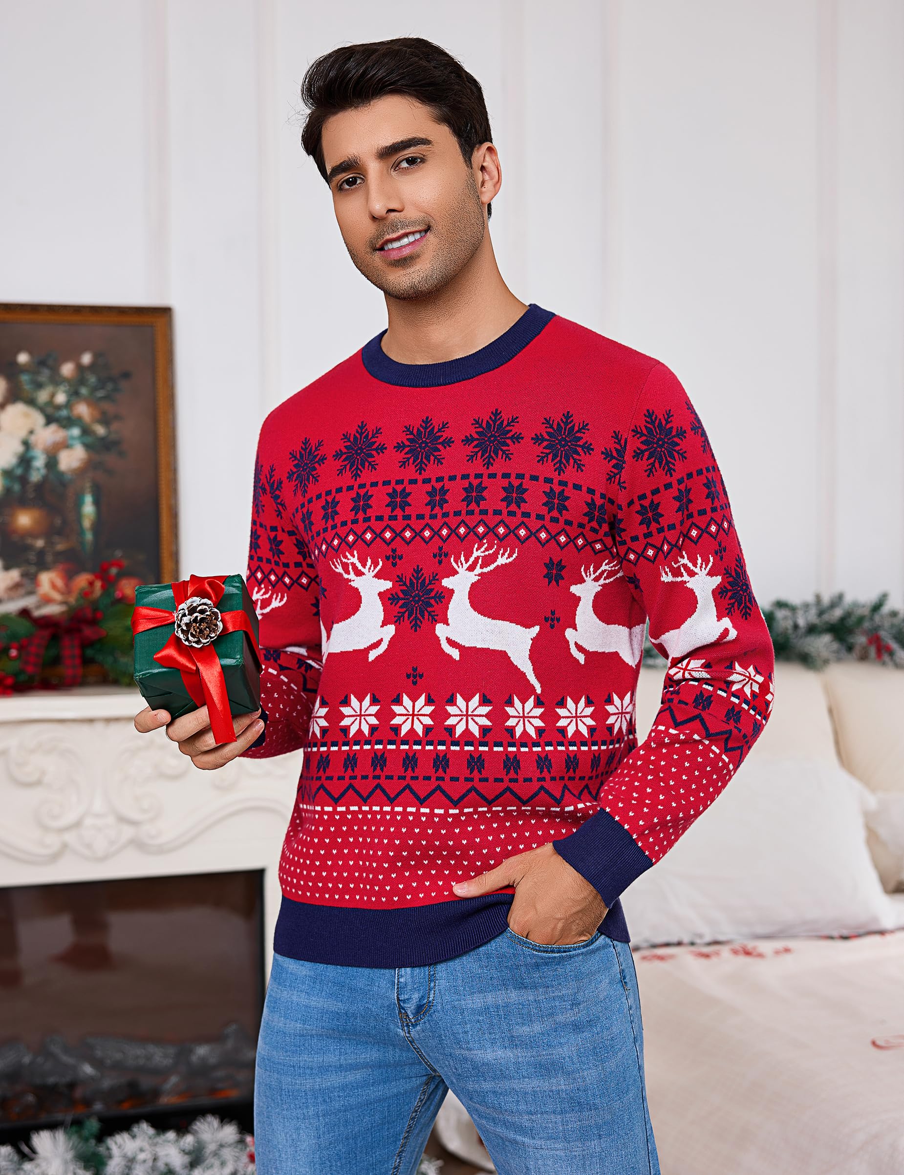 Litherday Jersey de Navidad para Hombre Ugly Christmas Sweater Divertido Jersey de Navidad Cuello Redondo Jerseys de Punto con Copo de Nieve para Navidad Fiesta