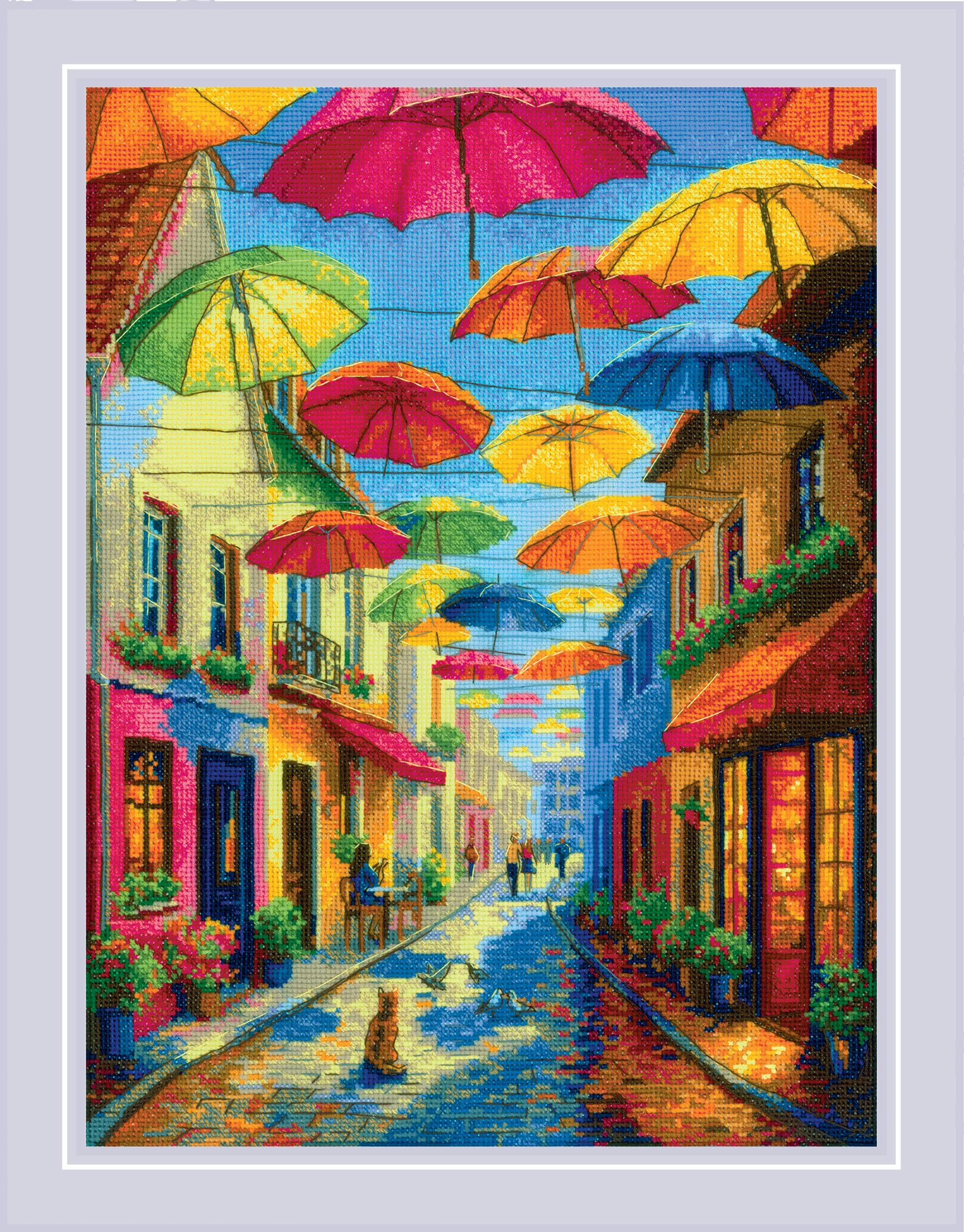 RIOLIS Colorful Umbrellas 2335 - Kit de punto de cruz contado, diseño colorido de escena callejera, kit de bordado de 11.75 x 15.75 pulgadas para adultos, kit de manualidades de costura para