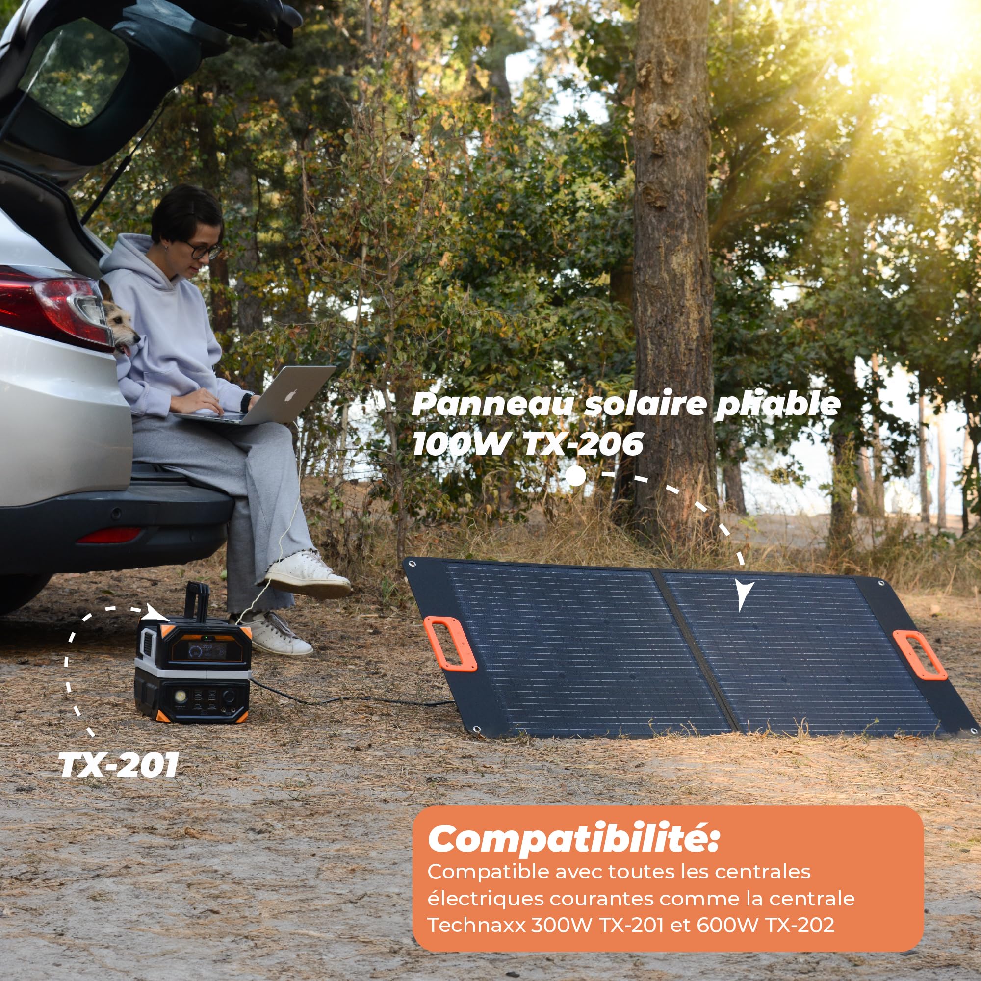 Technaxx Panneau solaire pliable 100W TX-206 chargeur solaire monocristallin portable pour toutes les stations électriques courantes avec sorties USB-A/USB-C/XT60/DC7909/MC4/Anderson