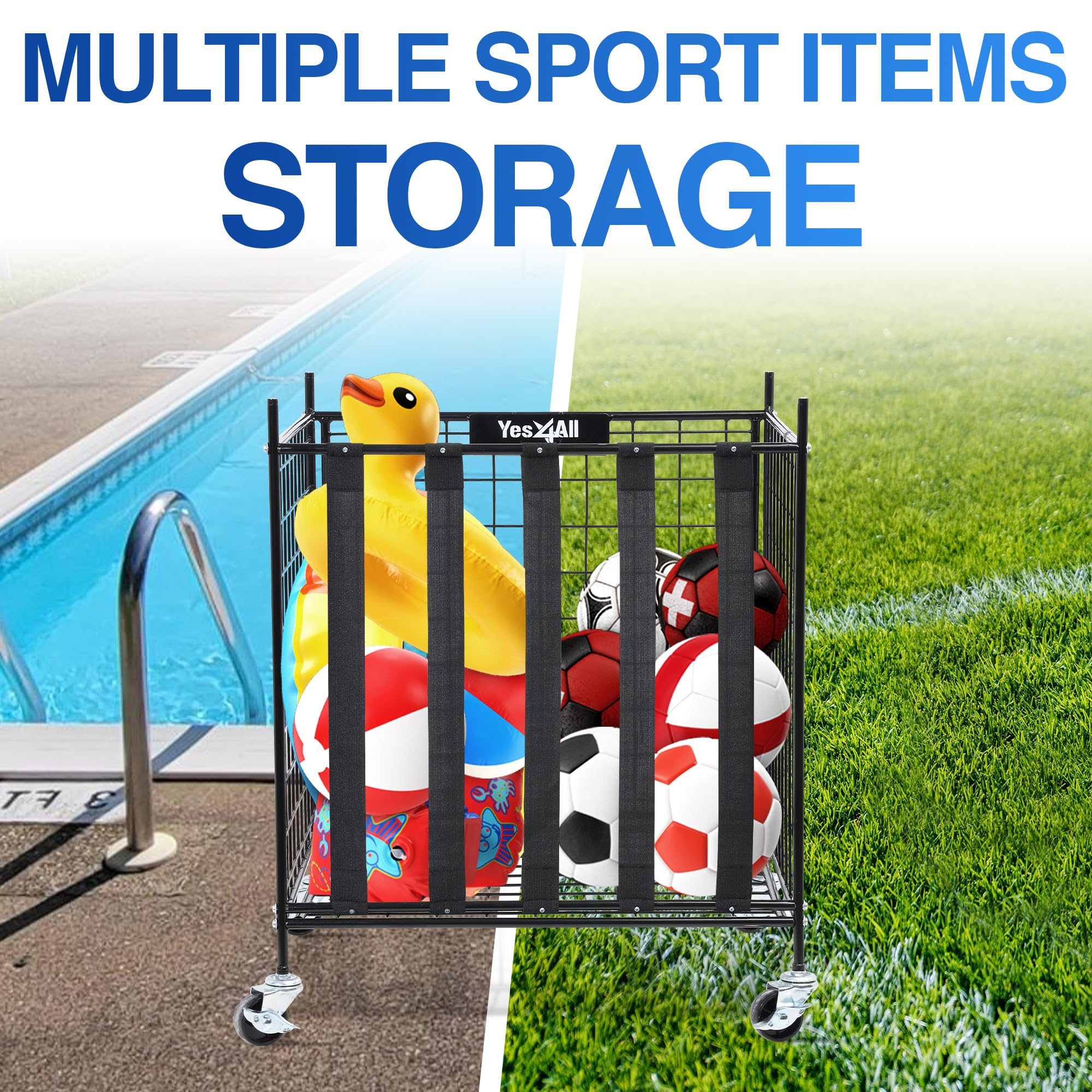 YES4ALL Carrito de Pelotas Enrollable con Ruedas con Cerradura, Soporte para Voleibol, Pelotas de Juguete, Jaula de Garaje, estanterías de Almacenamiento, Organizador de Equipo Deportivo, estantería
