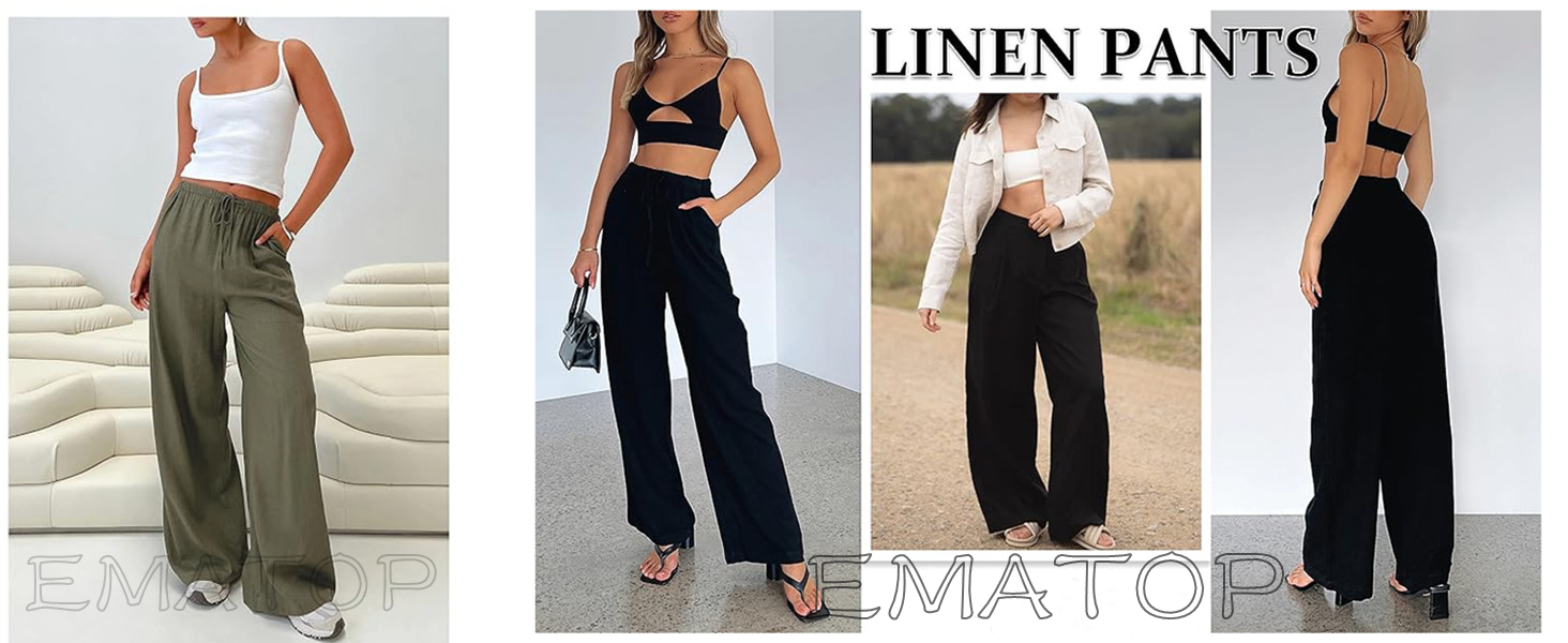 Produktbild von EMATOP Sommerhose Damen Leicht Leinenhose Weites Bein Palazzo Hose Baumwolle Leinen Stoffhose Lässig Einfarbig Jogginghose Mit Taschen Strandhose Casual Locker Freizeithose Bequem Sporthose