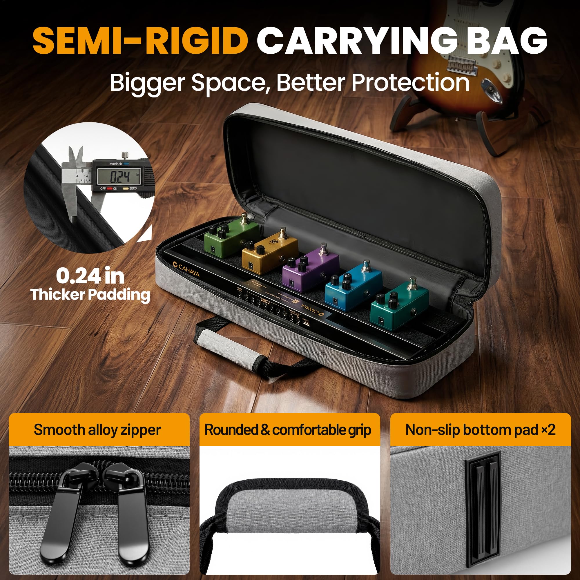 CAHAYA Tabla de pedal de guitarra portátil, fuente de alimentación integrada, aleación de aluminio ligera, efecto de guitarra con cables CC, salida USB, bolsa de transporte y adaptador de corriente