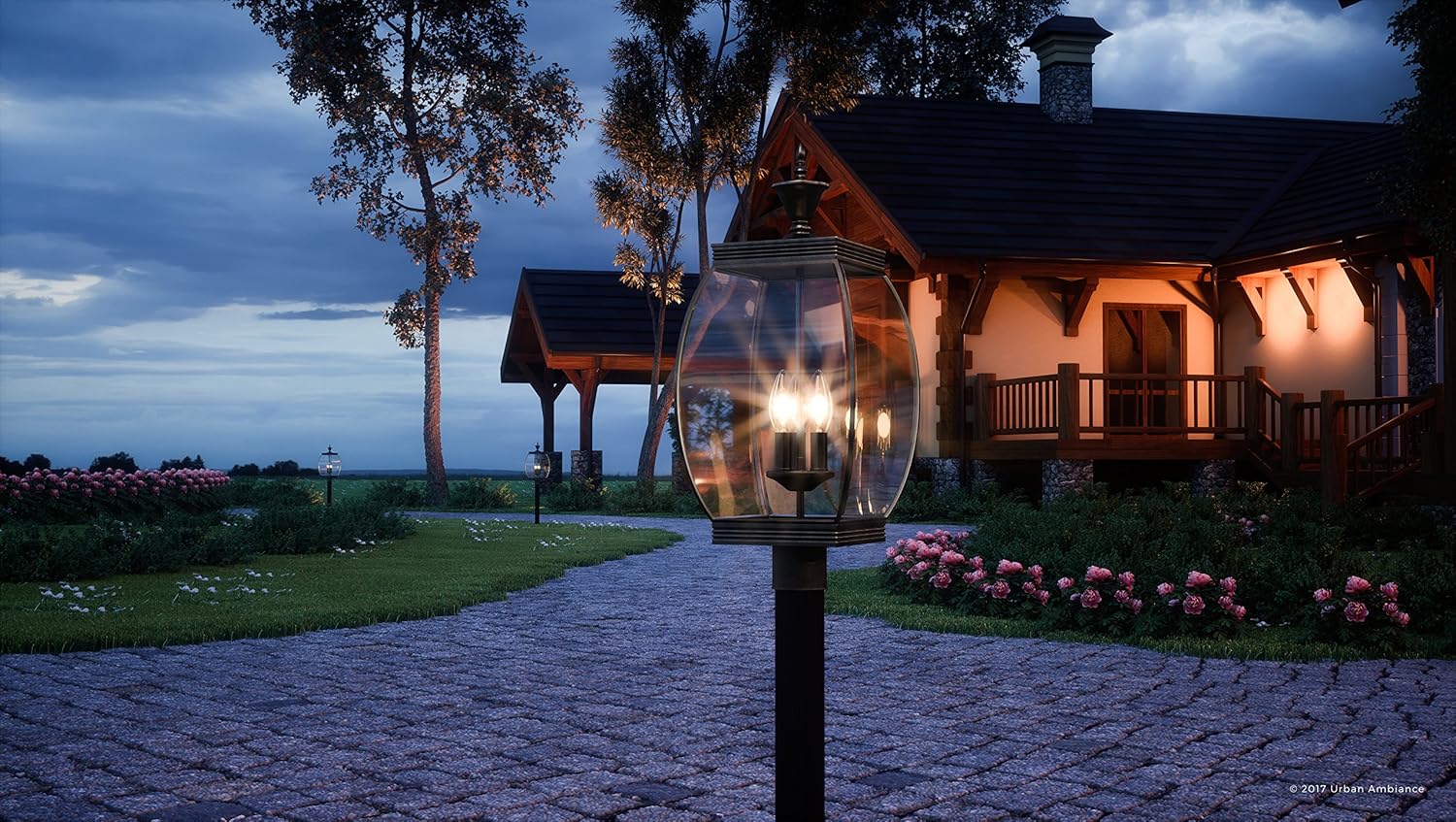 Urban Ambiance Luxury Colonial Outdoor Post Light, Large Size: 22" H x 9" W, with Transitional Style Elements, Bowed Design, Gorgeous Dark Medieval Bronze Finish and Beveled Glass, UQL1174