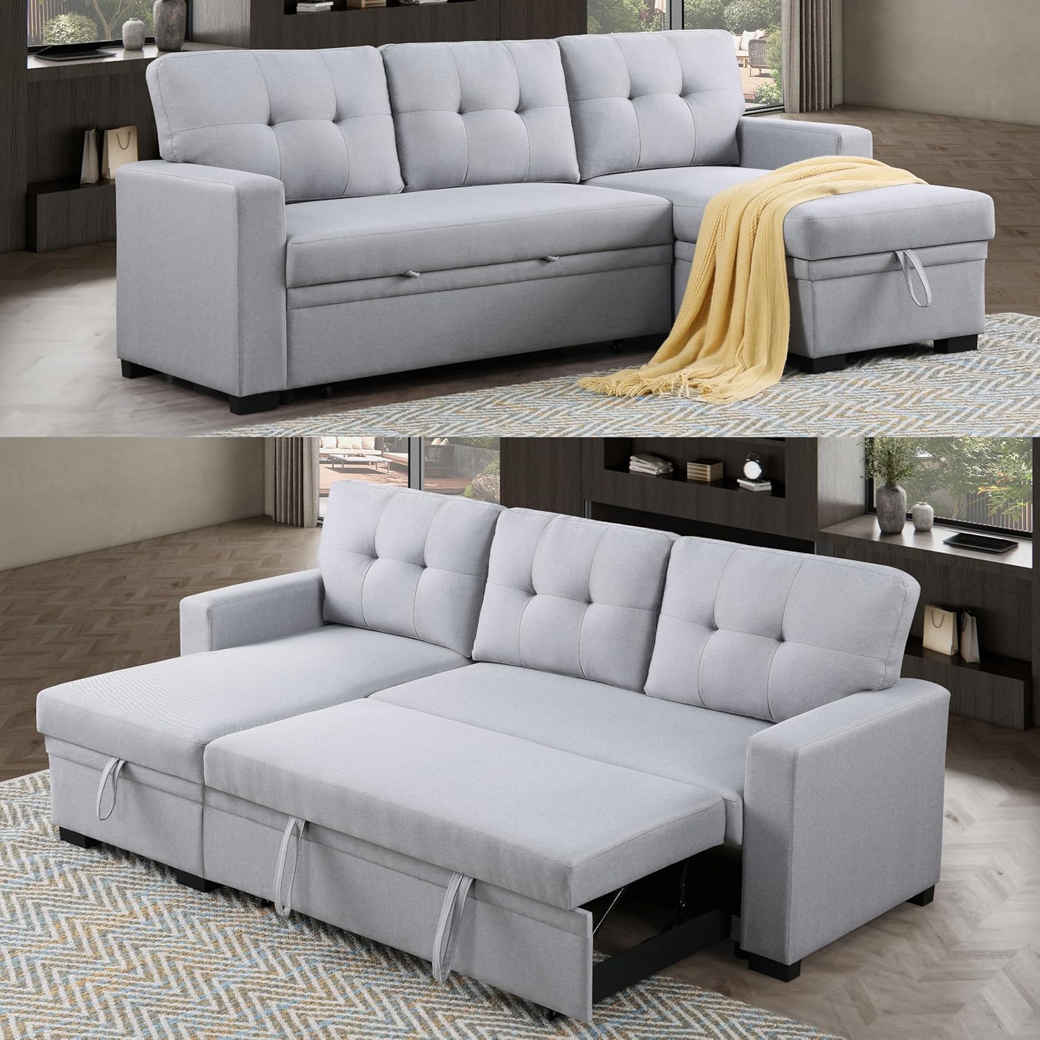 L-Shaped Reversible Sectional Sleeper Sofabed, Linen Upholstered Tufted Sofa&Couch Living Room Corner Convertible Sofa Couch with Pull Out Sleep Bed and Storage Chaise for Home/Apartment/Guestroom