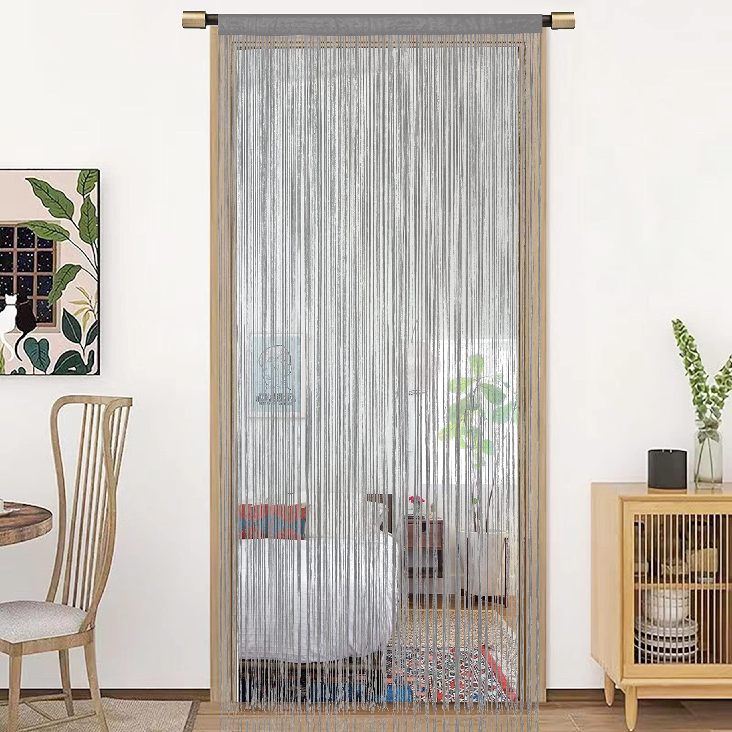 Spaghetti String Curtains for Doorways Privacy Door Frame Tassel Hippy Wall Kitchen Hallway Boho Fringe Curtain Hanging Door Room Dividers Decor 1 Panel（39×110in/100×280cm,Grey）