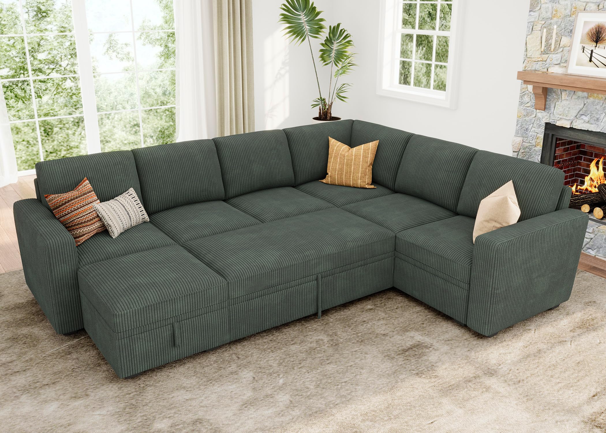 HONBAY Modular Sectional Sleeper Sofa with Pull Out Bed, Corduroy Sectional Couch with Storage Seats Ottoman, U Shaped Sectional Couches for Living Room, Green INCOMPLETE ( box 2 of 3) 