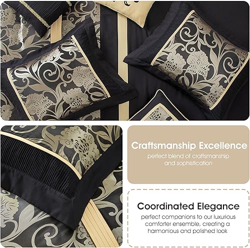 Miniatura 6 de Grand Avenue Juego de edredón floral jacquard, juego de ropa de cama de 7 piezas, tamaño California King, color negro, almohadas y fundas a juego,