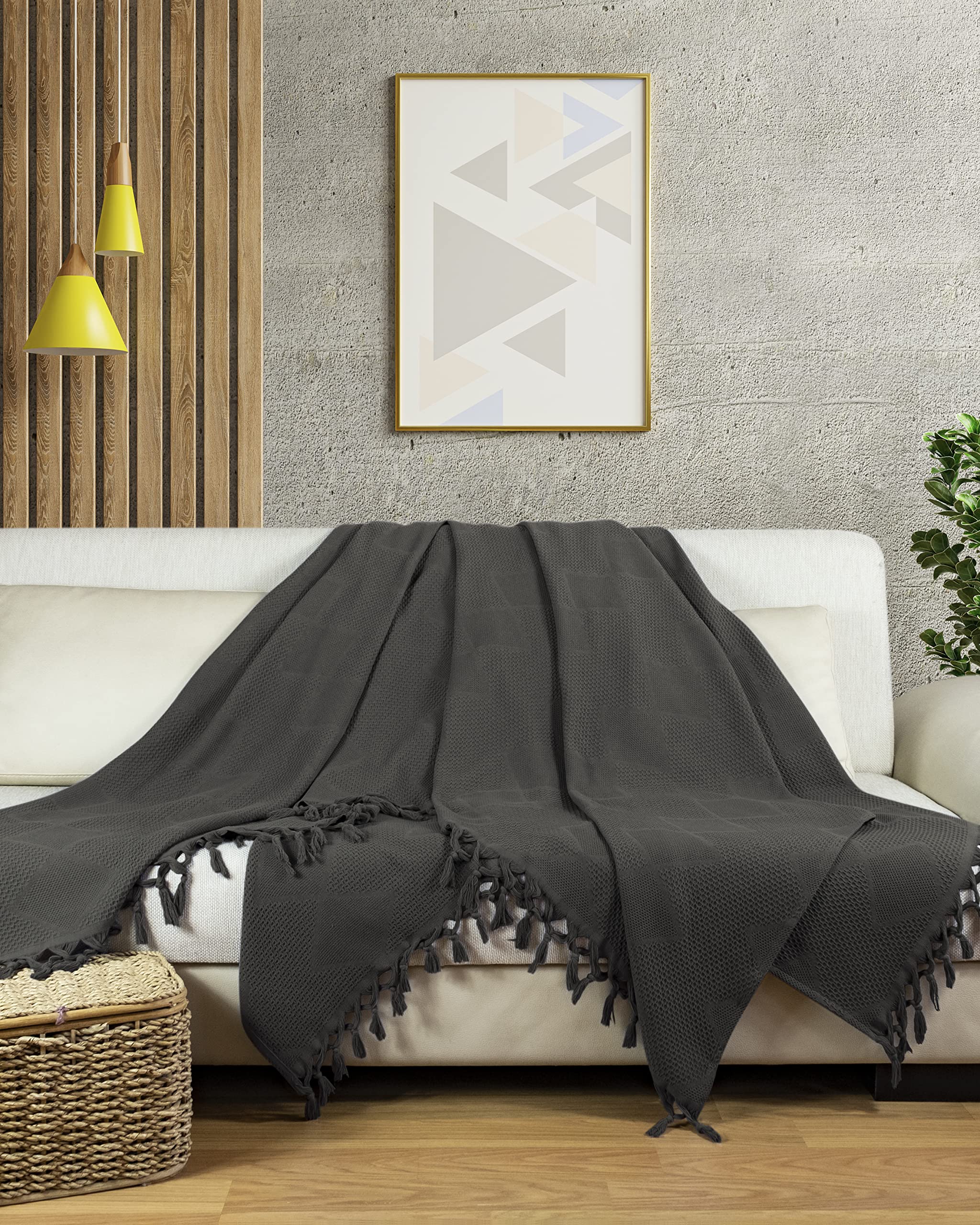 LAYNENBURG Premium Tagesdecke mit handgeknüpften Fransen - 100% Baumwolle - 200 x 220 cm XXL - Waffelpique Sommerdecke - Baumwolldecke als Bett-Überwurf, Couch-Überwurf & Sofa-Decke (Anthrazit)