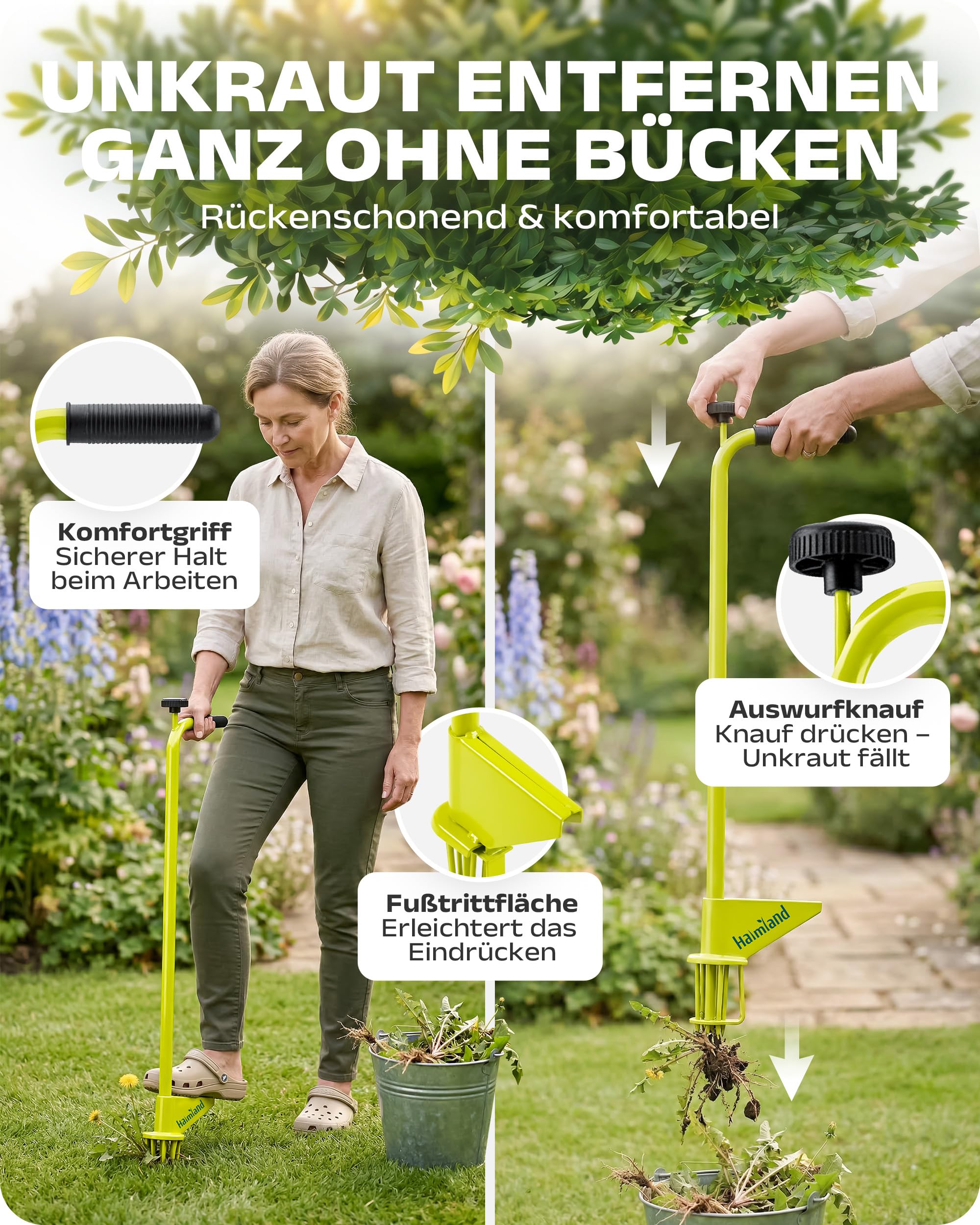halmland® Désherbeur professionnel avec 6 griffes pour un retrait facile des mauvaises herbes - Appareil d'élimination des mauvaises herbes avec long manche - Pince à dents de pissenlit - Outil de