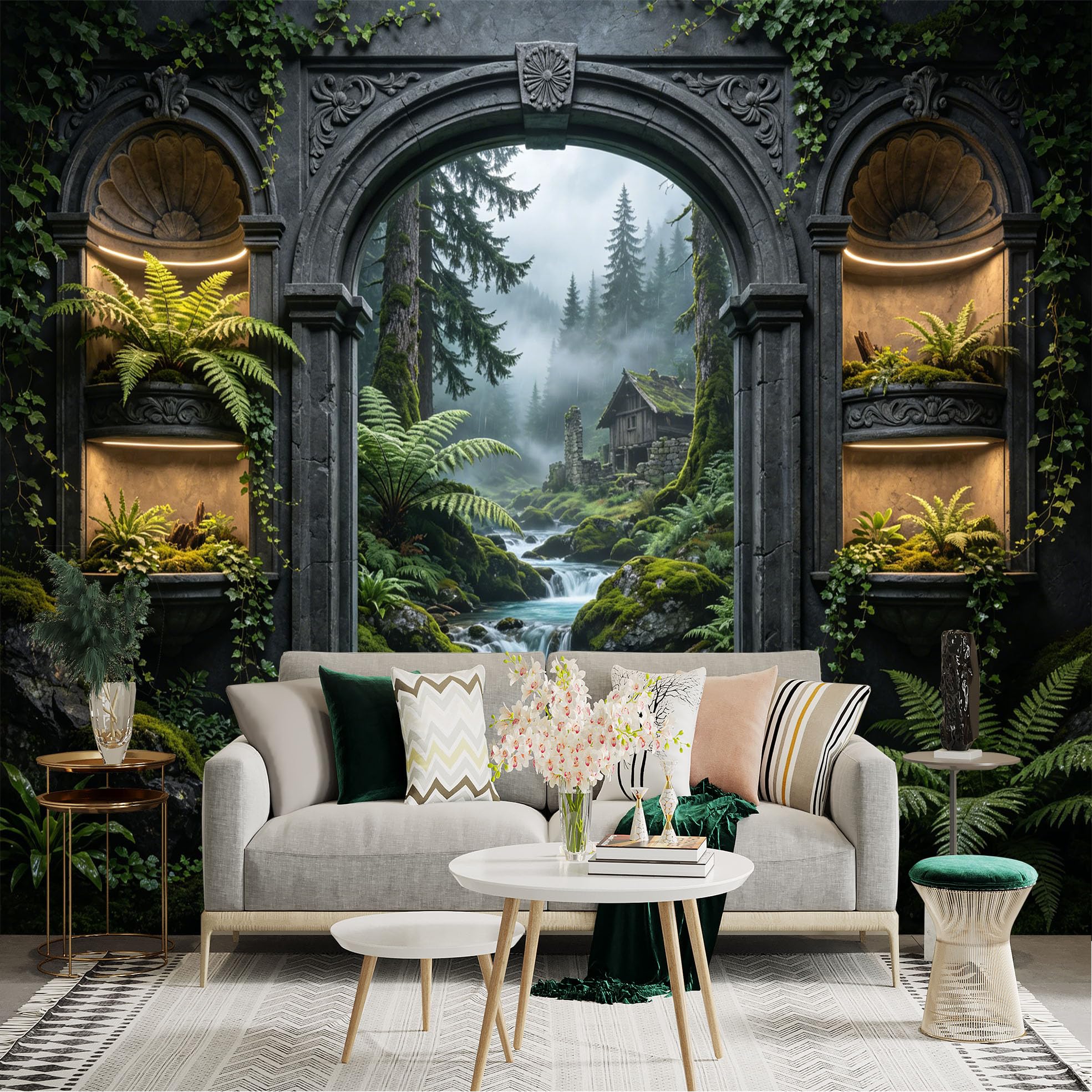 Lnzczhyre Dbh260521510 Custom Size Wall Sticker Mural， Enchanted Stone Archway， Misty Forest Cabin， Mossy River Landscape， Tropical Fern Decor， For Wall Decoration， Peelandstick Wall Decals.