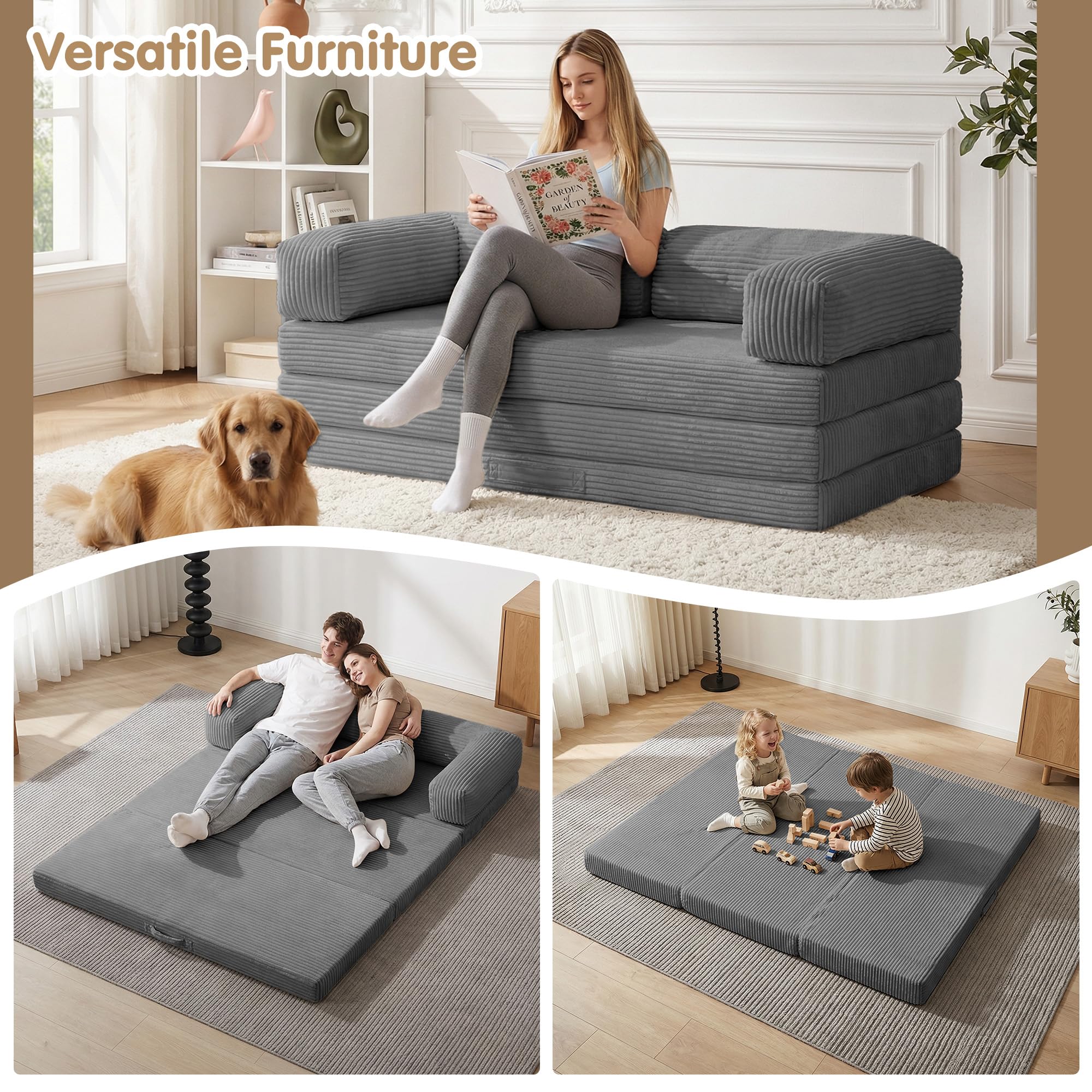 5-in-1 Convertible Sofa Bed,60" Boneless Couch Tri Folding Floor Mattress with Removable L-Shaped Armrests & Handle,Corduroy Futon Couch Sleeper with Pull Out Bed for Living Room Bedroom Apartment