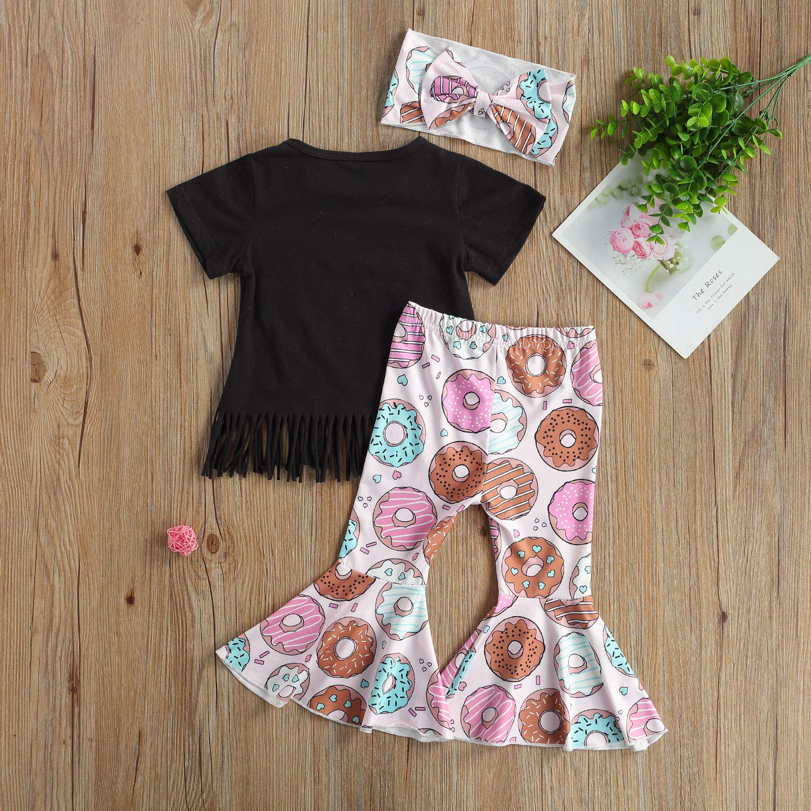 1-6T Kids Toddler Girl Short Sleeve Tassel T-Shirt Tops Sunflower Flared Pants Summer Outfits Set (Black+Donuts, 1-2T)