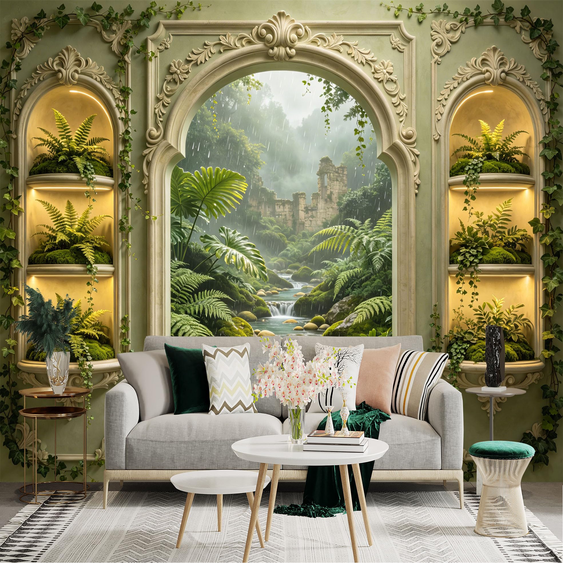 Custom Size Wall Sticker Mural， Tropical Rainforest River with Old Ruins and Fern Plants， for wall Decoration， peelandstick wall Decals.