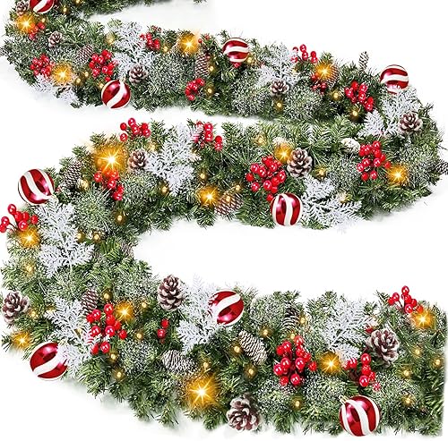 Guirnalda de Navidad de 9 pies con 50 luces blancas cálidas, guirnalda de cedro, 6 hojas de ciprés, 12 bolas, 270 puntas nevadas, 70 bayas rojas, 10 disponible en Yaxa Guatemala