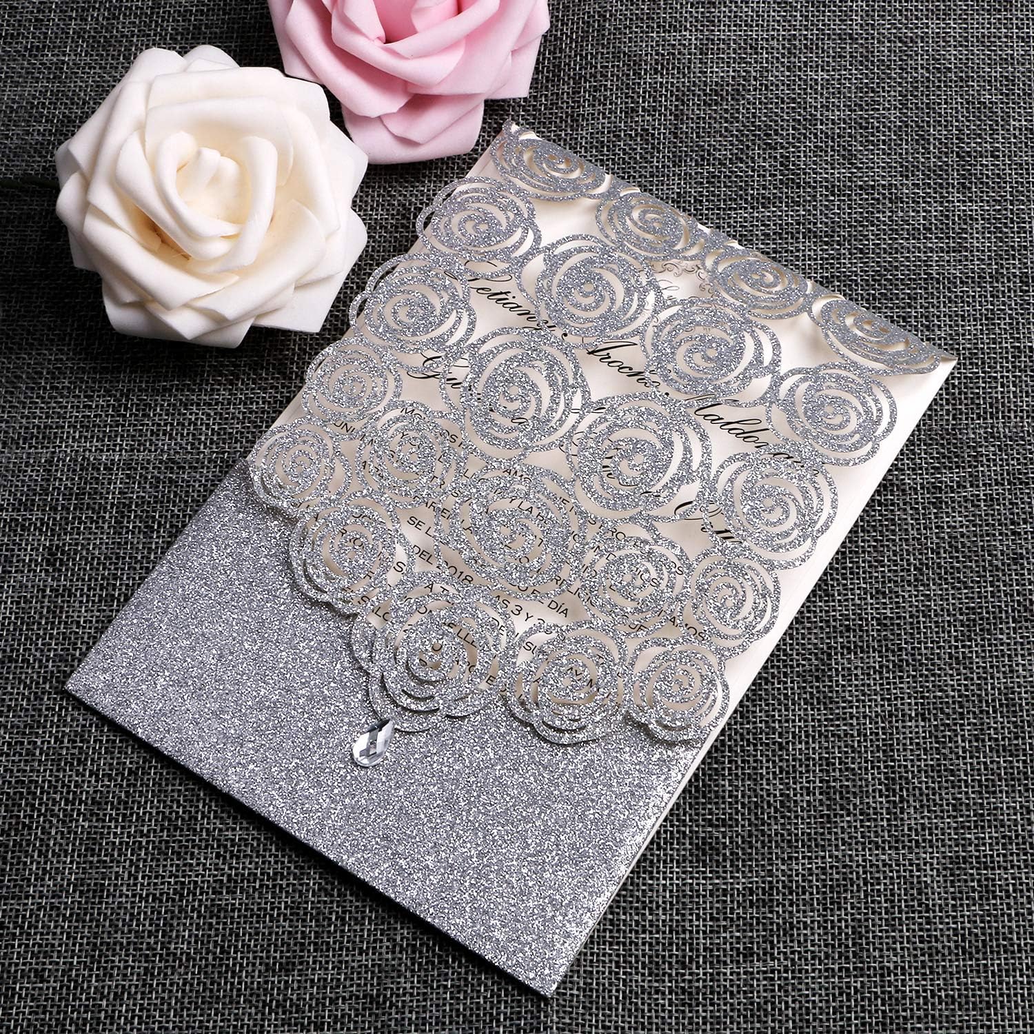 FEIYI25PCS Laser Cut Invitations Cards Luxury Diamond Gloss Design With Envelopes and Insert For Wedding, Bridal Shower, Engagement Birthday Graduation Invite, Wedding Invitation Kit (Silver Glitter)