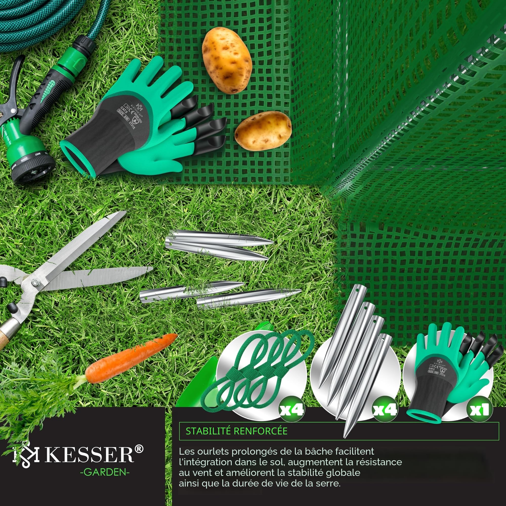 KESSER® Serre en film stable avec 6 fenêtres avec moustiquaire et porte | Tunnel de jardin avec cadre en acier galvanisé | Tunnel en film 170 g/m² avec piquets d'ancrage au sol gants et cordes | 200 x