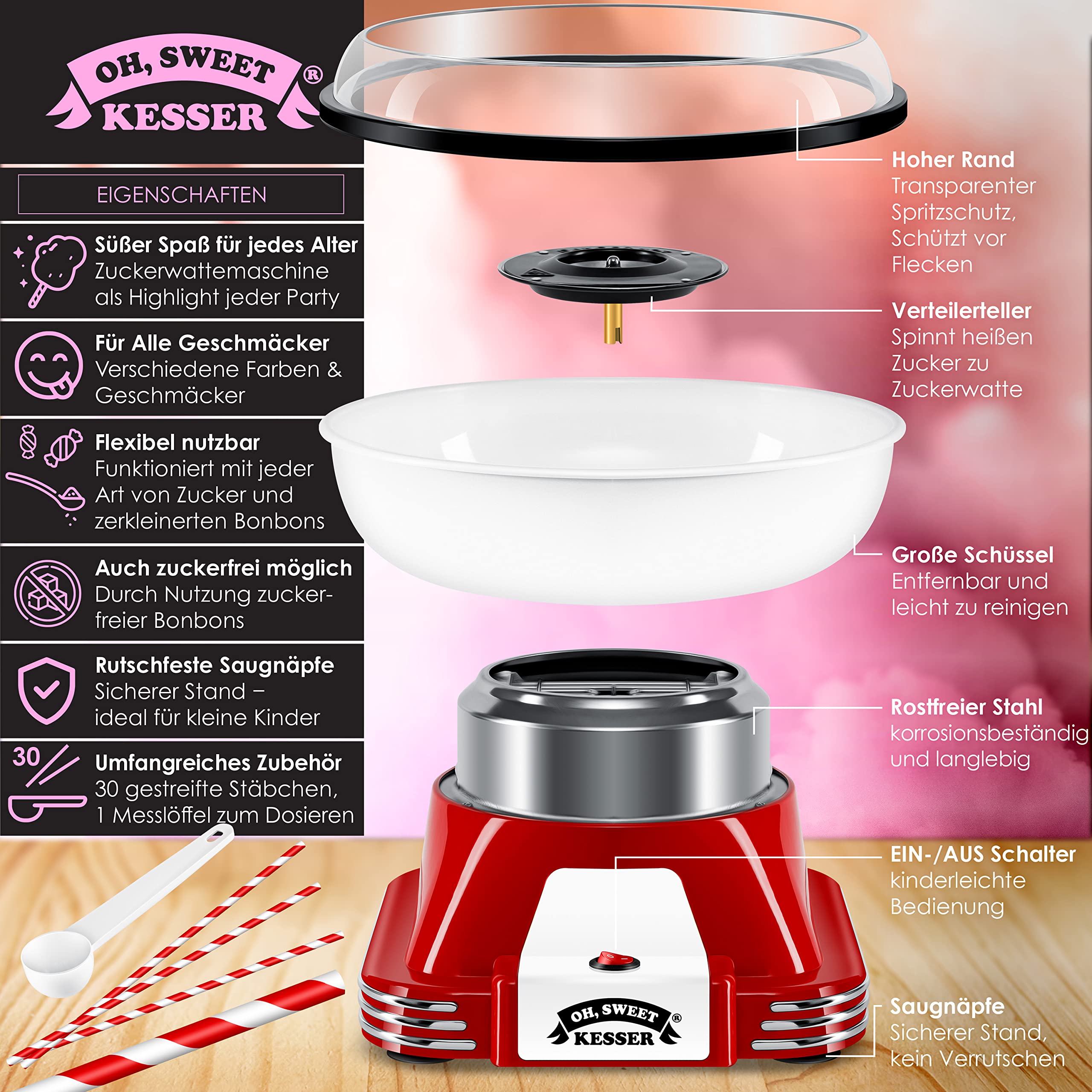 KESSER Zuckerwattemaschine 500 W 22 cm Retro Cotton Candy Machine Set mit Stäbchen & Messlöffel Rot Weiß