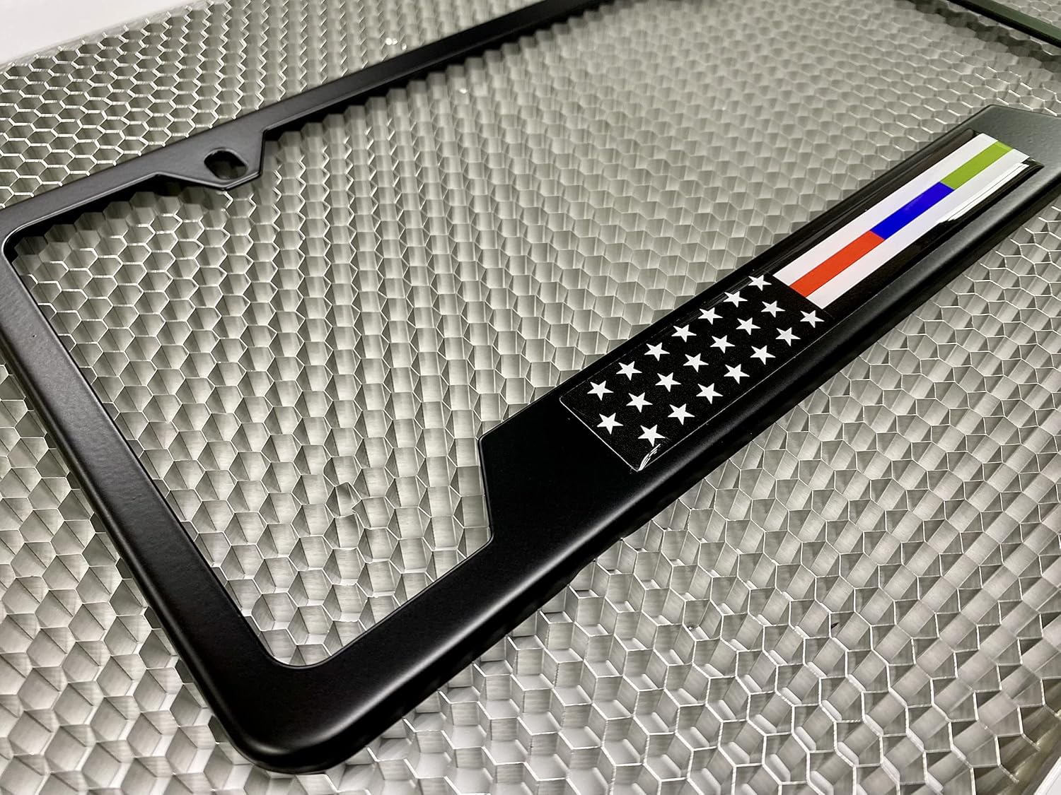 Black Stainless Steel CAR 2-Hole Standard Size - License Plate Frame with First Responders - Law Enforcement, Military and Fire Thin Line USA Flag Design and Free caps - (Qty:1 Frame)