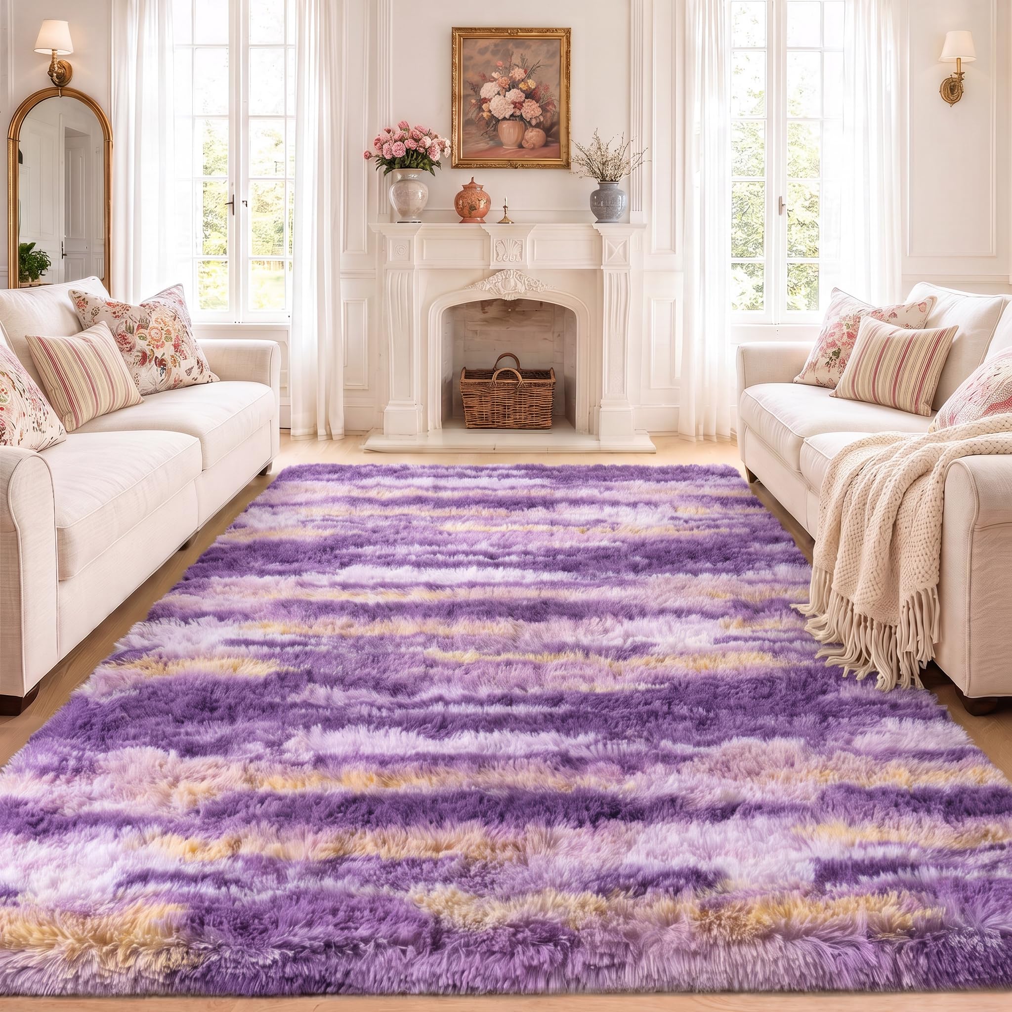 Ailyei 8x10 Large Shag Rugs for Living Room, Washable Abstract Purple | Upgrade Non-slip, Flame Resistant, High Pile, 8 x 10 Big Fluffy Area Rug Fuzzy Shaggy Carpet for Girls Bedroom Kids Room Dorm