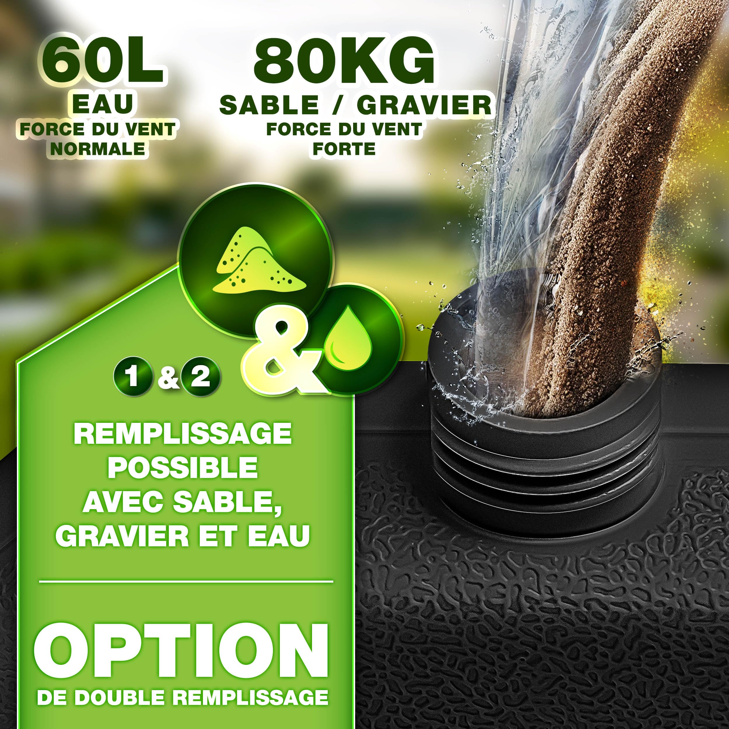 tillvex® Lestage & Dalles Carrées pour Parasol Déporté – Pied de Parasol 60 litres / 80 kg, 4 Pièces avec Connecteur Métallique | Base Remplissable avec Eau ou Sable | Support de Parasol (Noir)