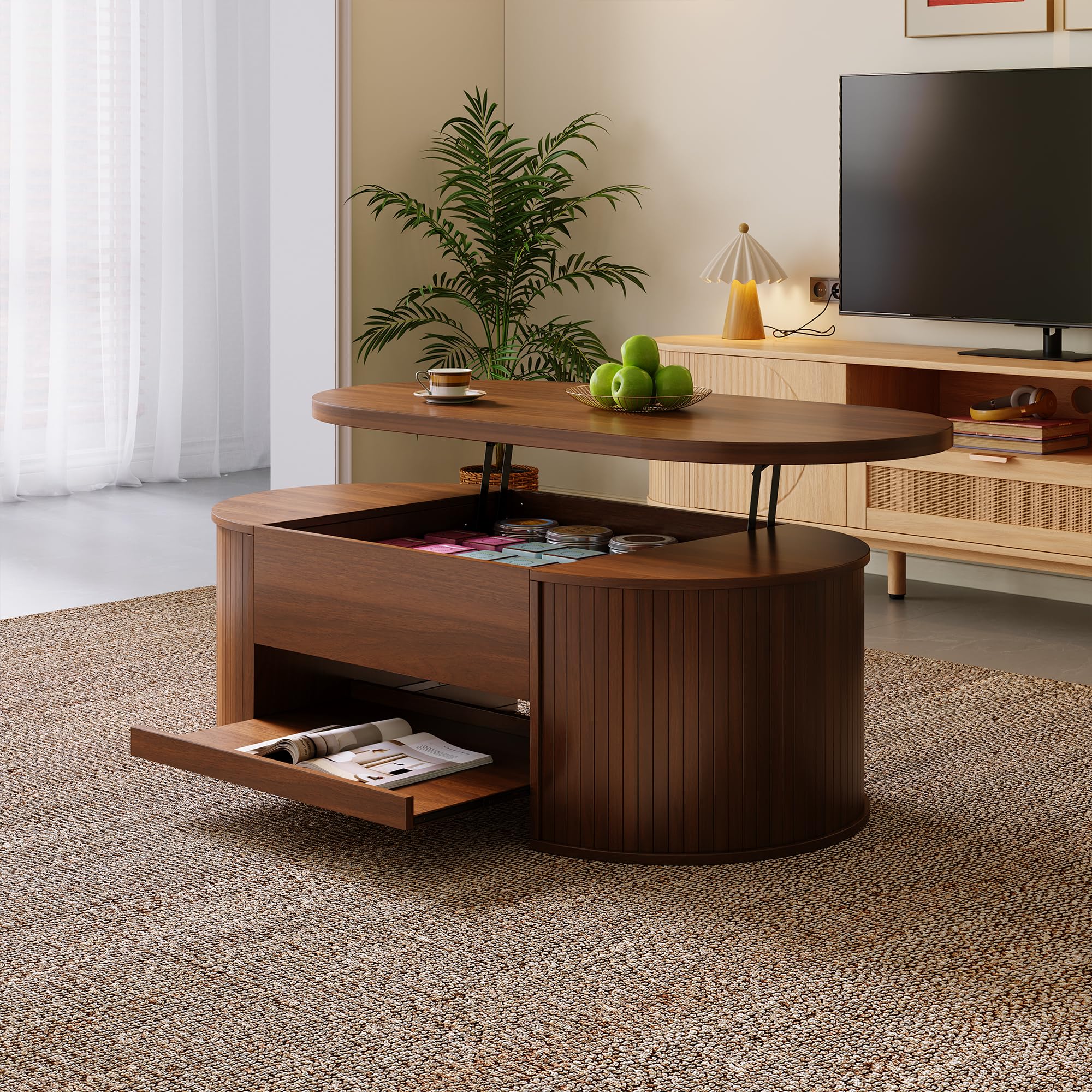 Mesa de salón con lados curvos de madera levantables, tablero deslizante, complemento de mobiliario multifuncional para el salón.