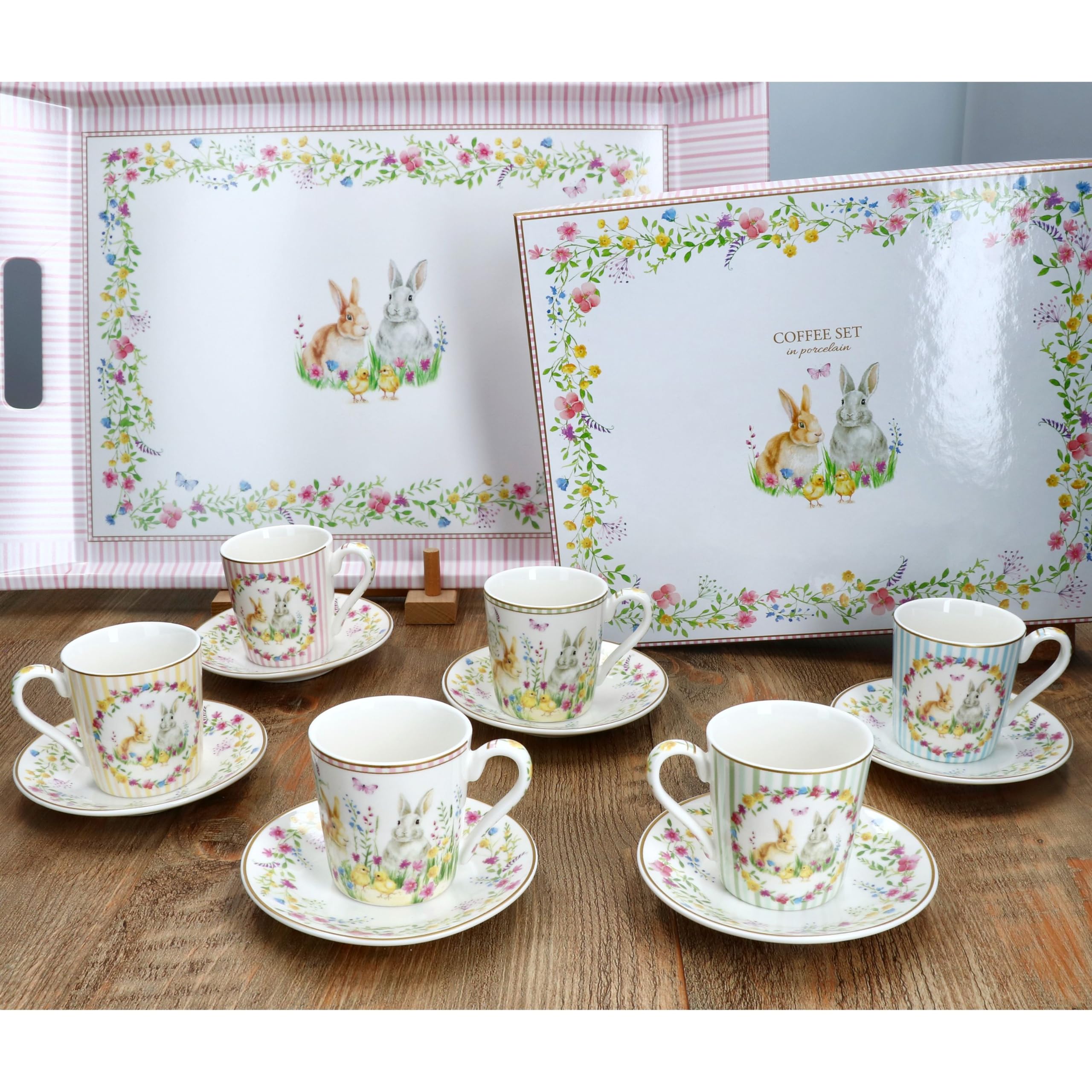 MamboCat Happy Easter - Set di 6 tazze da caffè con piattini, per 6 persone, in porcellana colorata per colazione e caffè, 6 tazze piccole e piattini, stoviglie pasquali