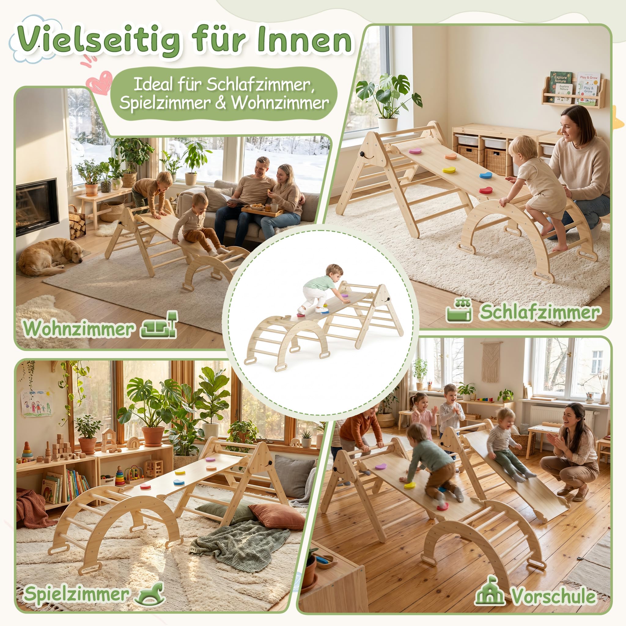 XMTECH Kletterdreieck mit Kletterbogen & Rutsche – 4 in 1 Holz Klettergerüst Indoor, Kletterspielzeug für Kleinkinder 1-3 Jahre, belastbar bis 40 kg, inkl. Kletterbrett & Motorik-Spielgerät