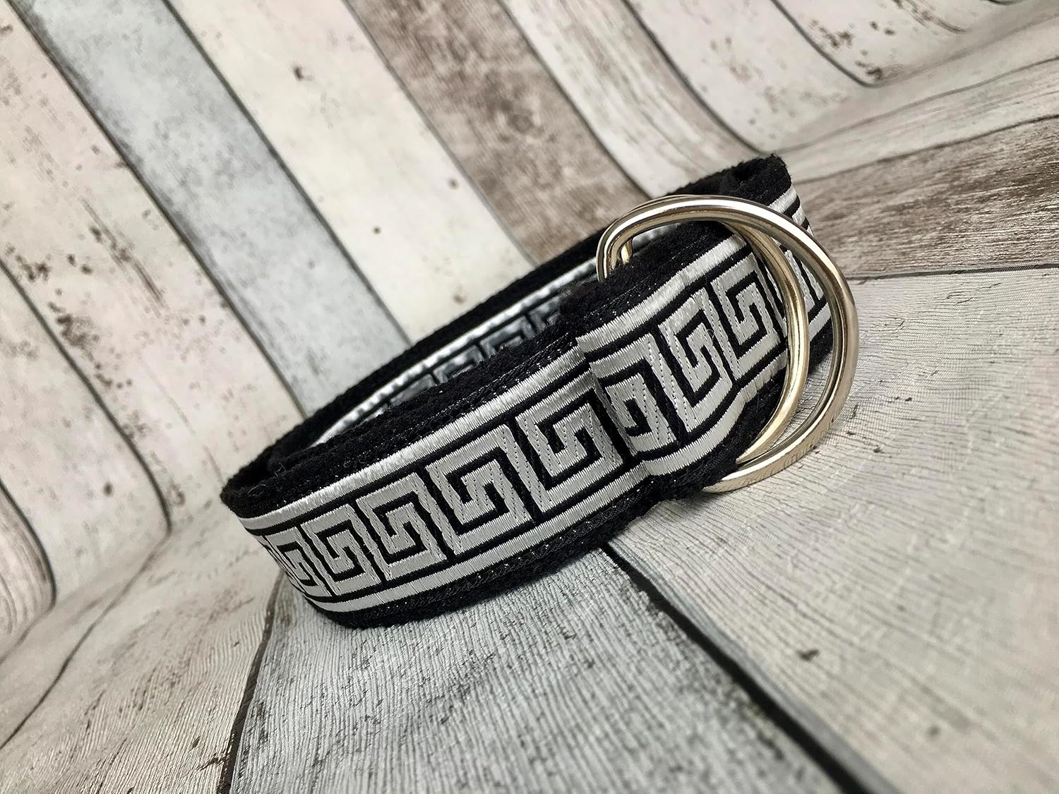Greek Key Jacquard Trim Belt, Handmade D Ring Ribbon Belts, Black and Silver Gray Waist Accessories for Men or Women, Belts