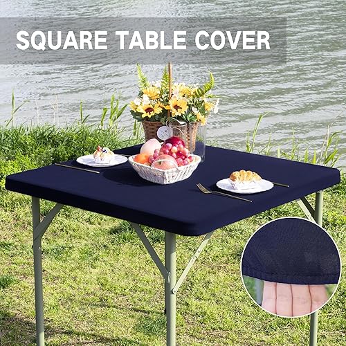 Miniatura 3 de Mantel cuadrado ajustable elástico de elastano para mesa, para comedor, cocina, hogar, fiesta, color azul marino, 34 x 34 pulgadas
