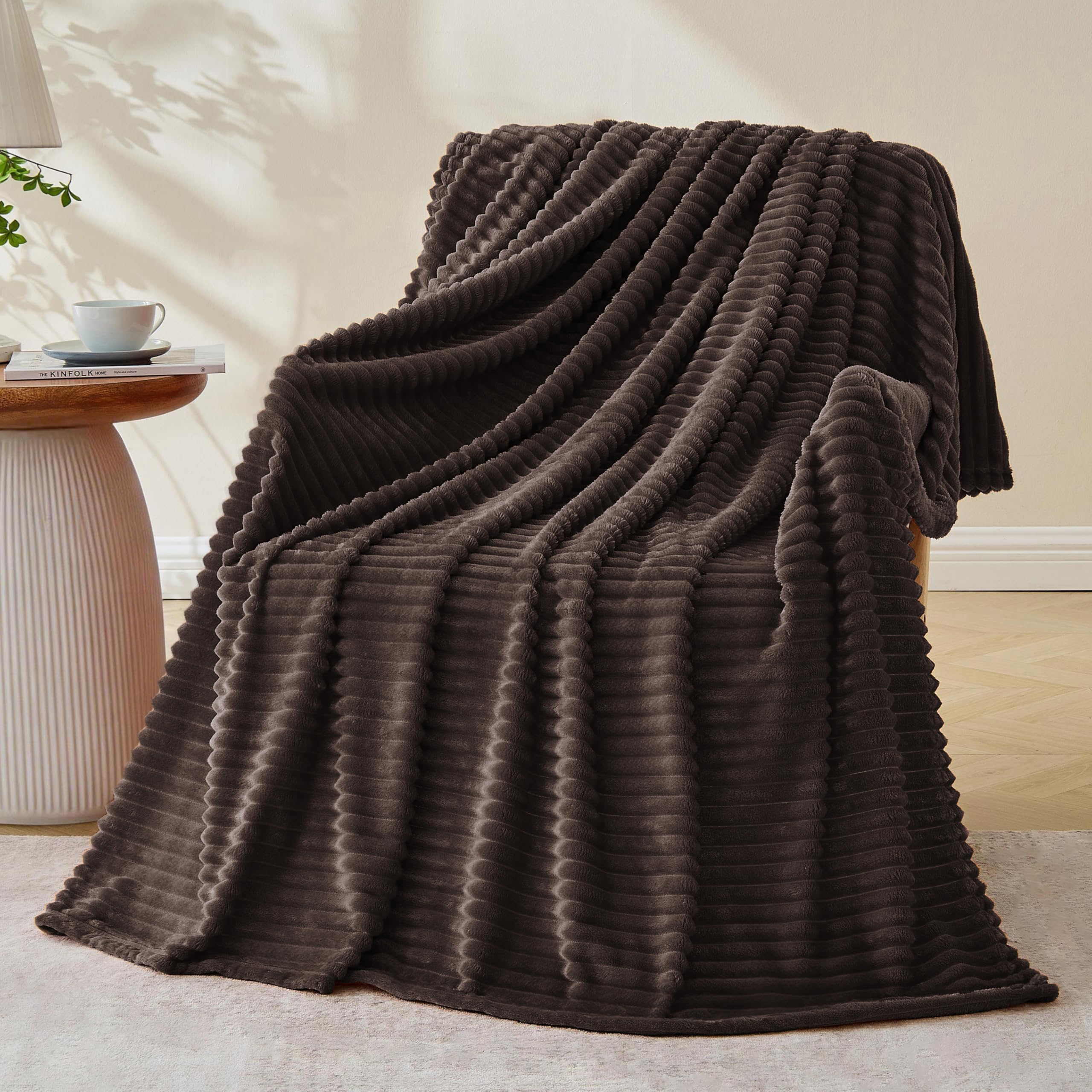 Photo 1 of Bnuitland Brown Fleece Throw Blanket for Couch, 300GSM Soft Warm Cozy Fluffy Throw for Adults & Kids, Stripe Pattern 60"x80", All Season Sofa Bed Blanket for Home Decor