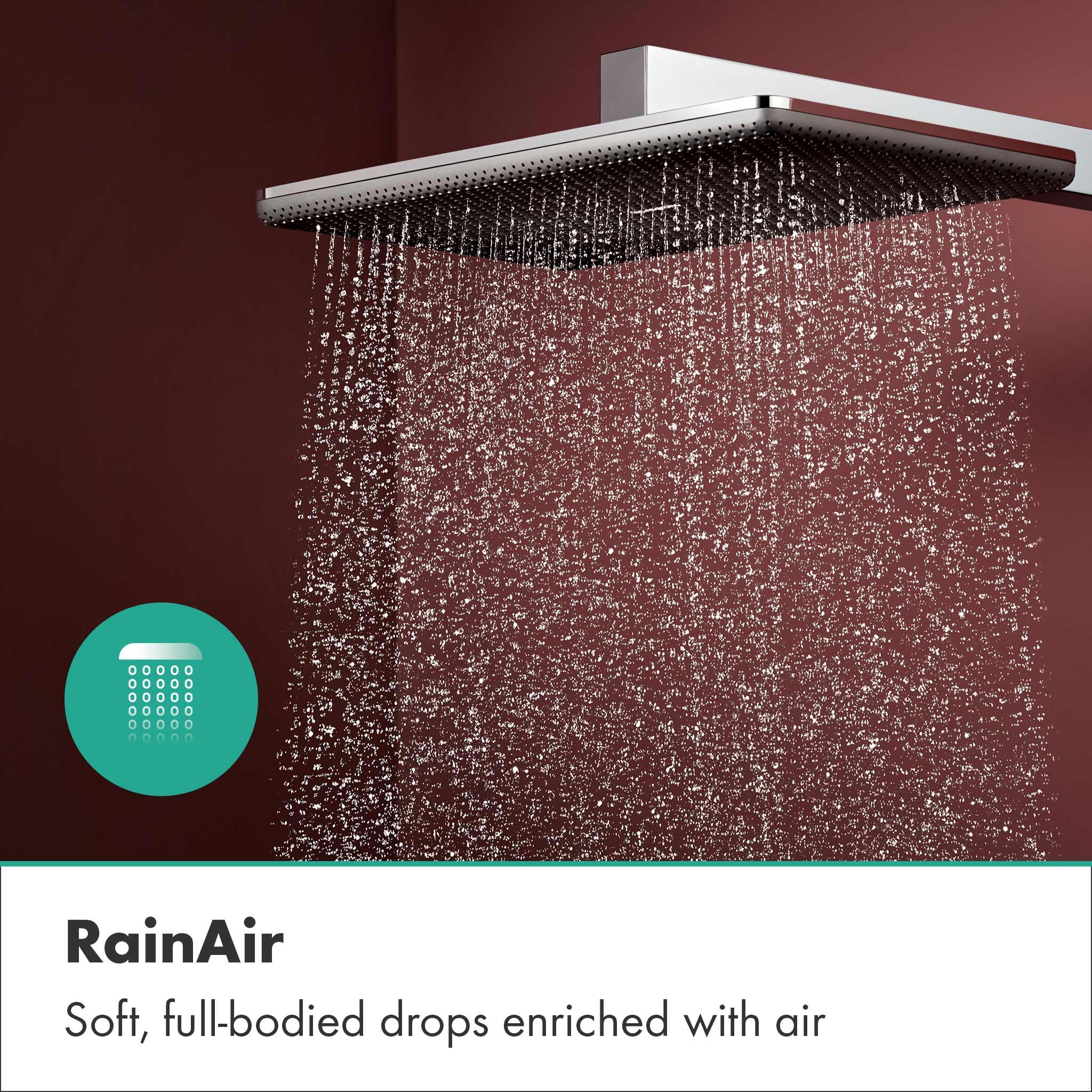 hansgrohe Raindance Alive Q - komplet prysznicowy z termostatem, zestaw prysznicowy z główką prysznicowa 3-strumieniowa (PowderRain), wąż, szyna i deszczownica (340 x 210 mm), chrom, 24580000