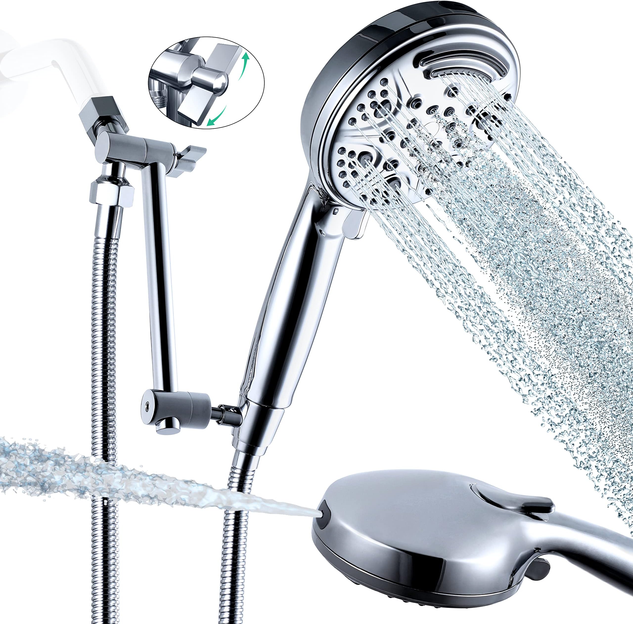 V-Frankness High Pressure 9 Functions shower heads with handheld spray, Hand Held Shower Head Built-in Power Wash Mode,6 Inch Adjustable Extension Arm with Holder, 71 Inches Stainless Steel Hose