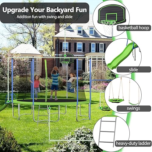 Miniatura 3 de Lyromix Trampolín de 12 pies de 14 pies con tobogán y columpios, cama elástica recreativa grande aprobada por ASTM con aro de baloncesto y escalera,